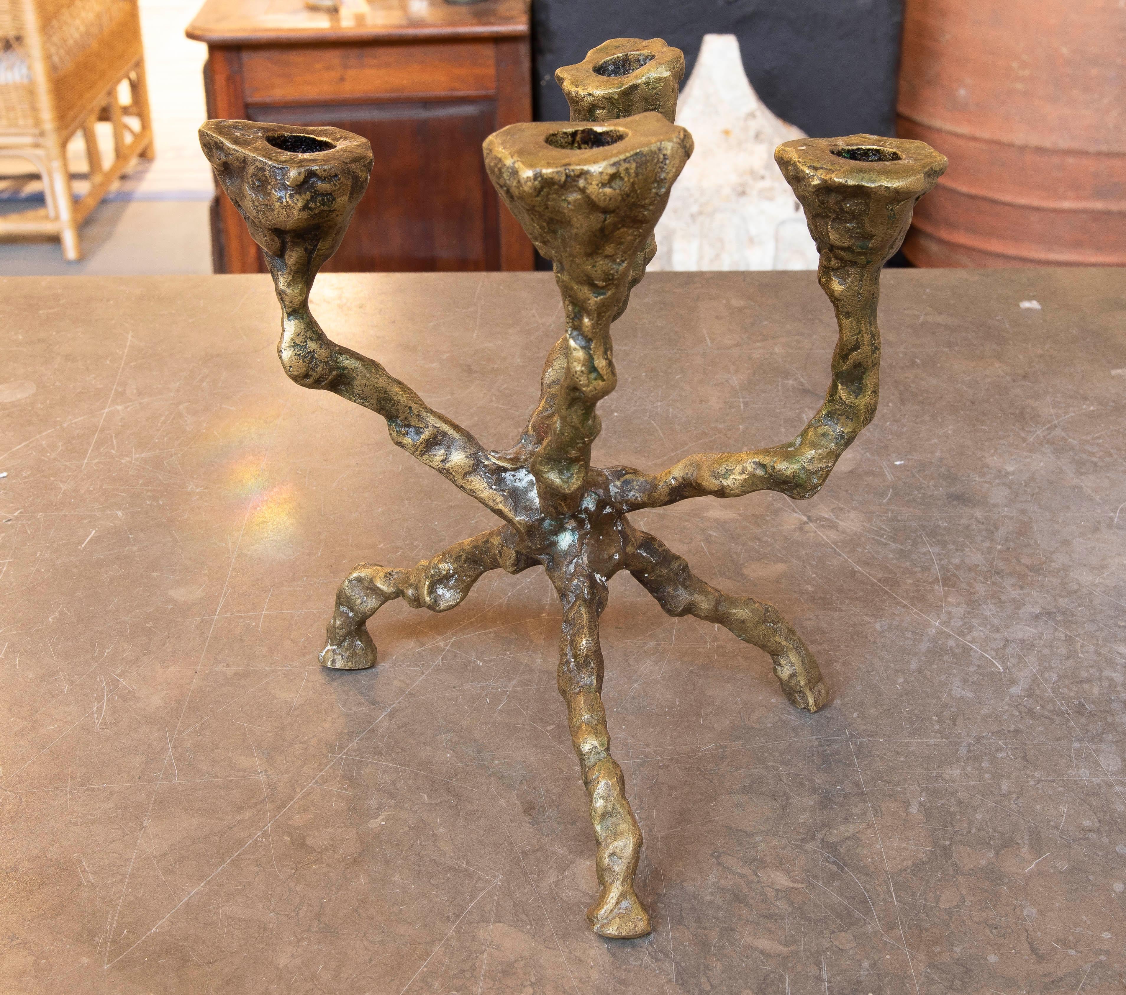 Spanish 1970s Bronze Candelabro in Brutalist Style  For Sale