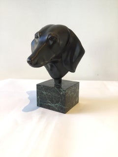 1970s Bronze Dachshund Head Sculpture On Marble Base