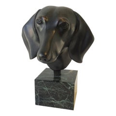 1970s Bronze Dachshund Head Sculpture On Marble Base