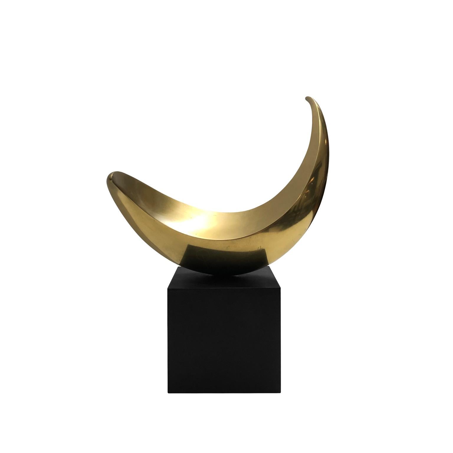1970s Bronze Half Moon Sculpture on Black Wood Base In Good Condition In New York, NY