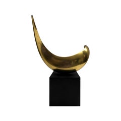 1970s Bronze Half Moon Sculpture on Black Wood Base