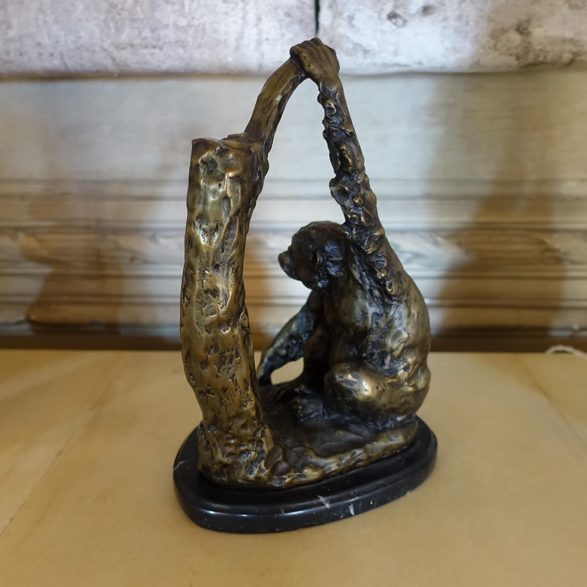 Italian 1970s Bronze Monkey Sculpture on Black Maquinia Marble Base