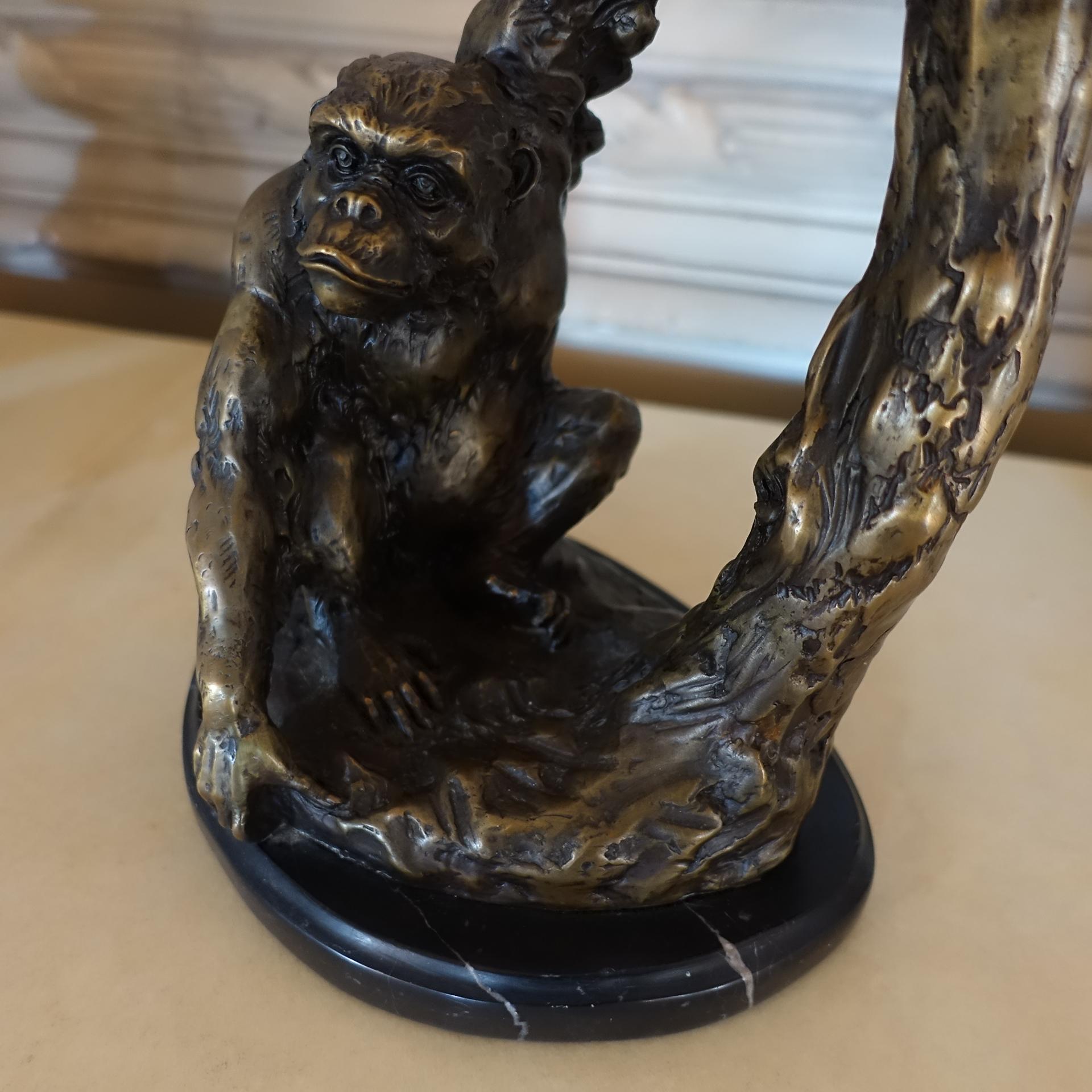 Late 20th Century 1970s Bronze Monkey Sculpture on Black Maquinia Marble Base