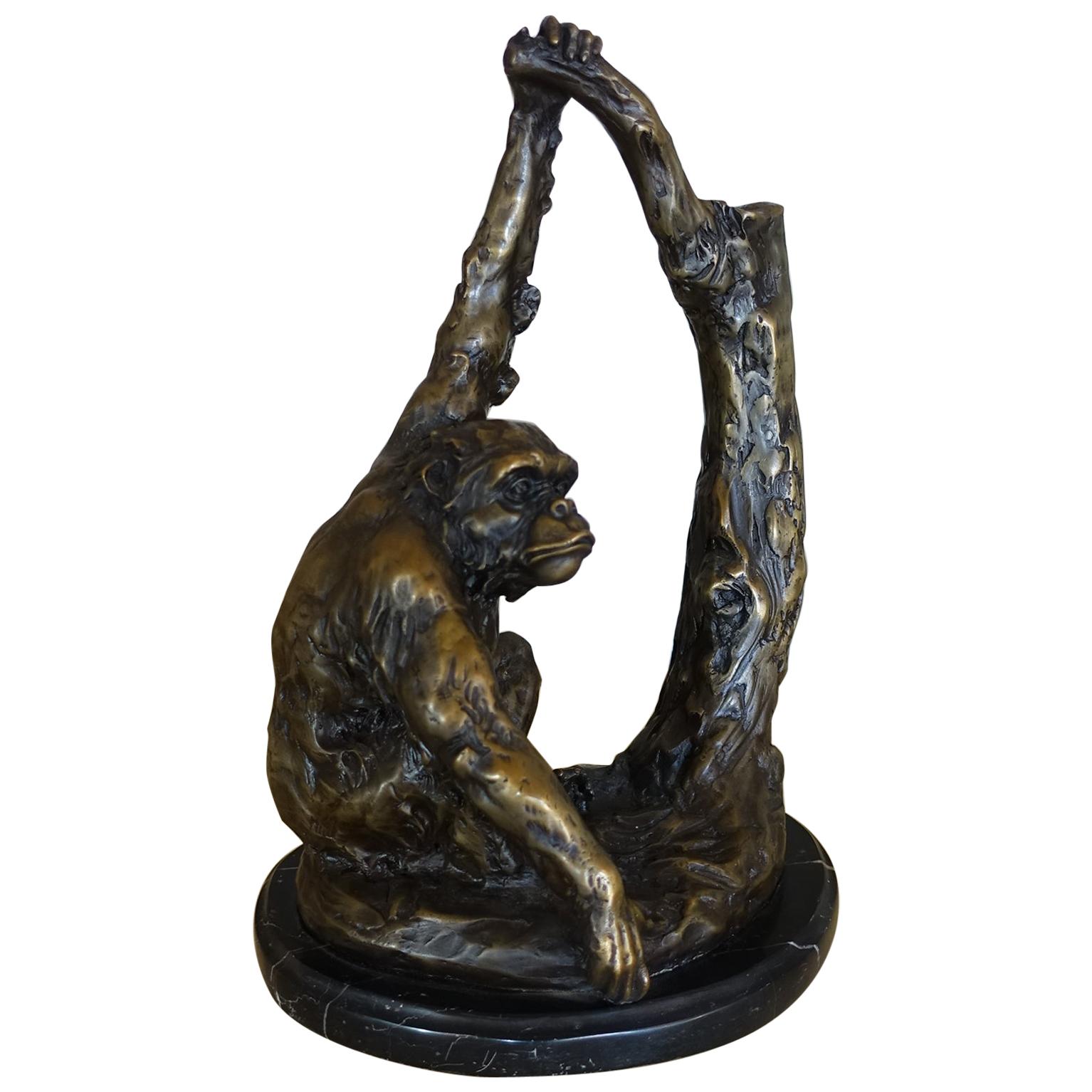 1970s Bronze Monkey Sculpture on Black Maquinia Marble Base