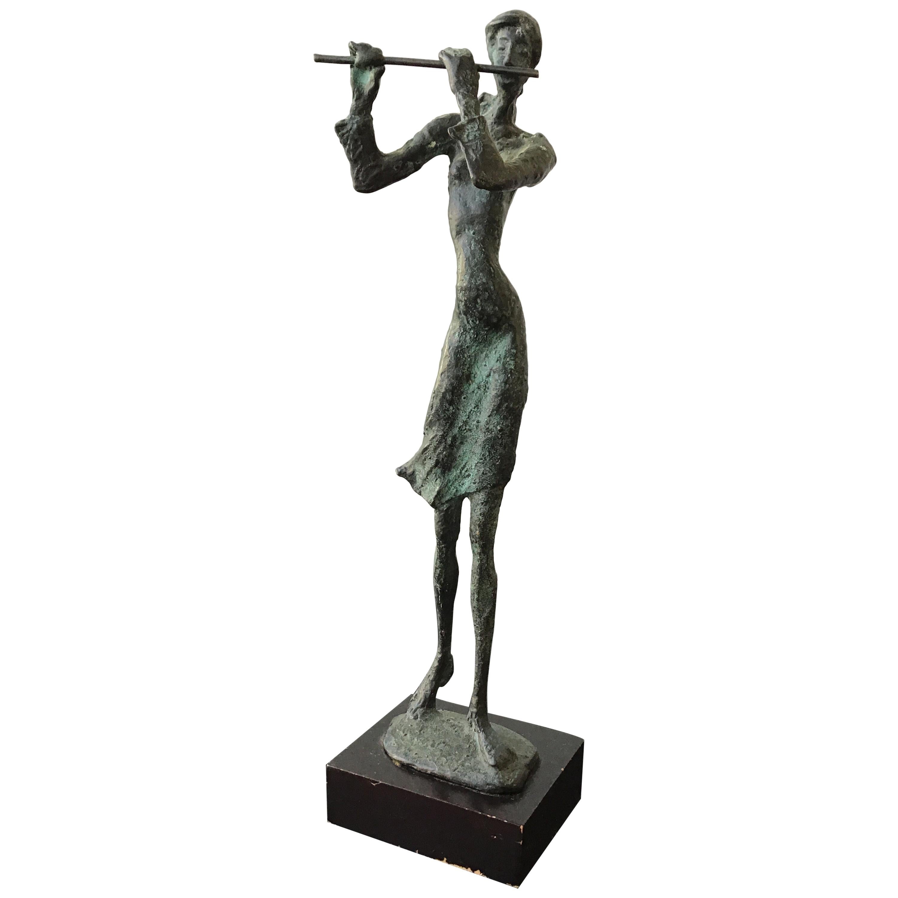 1970s Bronze Sculpture of a Female Flutist