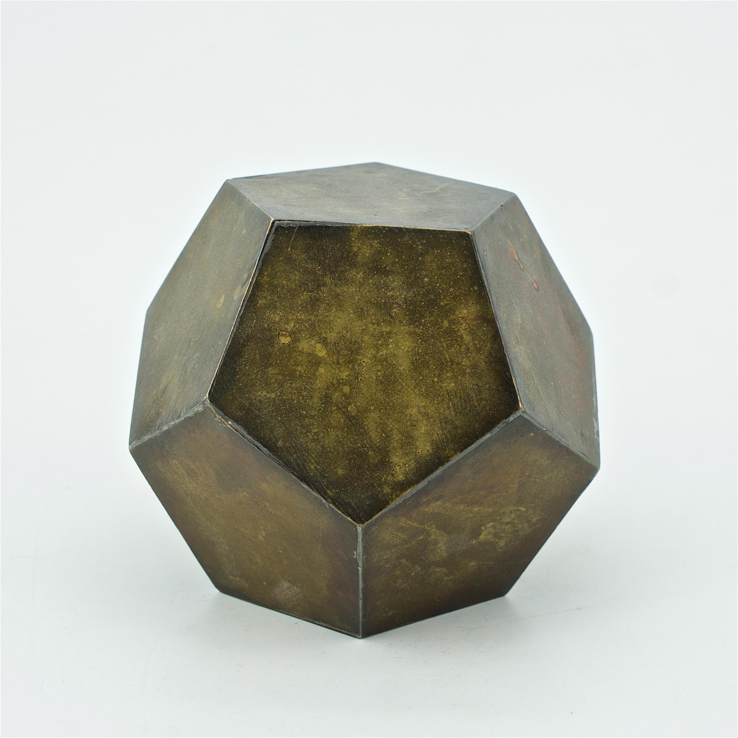In the manner of Paul Evans, a bronze-toned finely crafted dodecagon (12-sided) metal sculpture. Artist unknown, no markings. Softball sized, semi-hollow, weighted, 1 lb. 4.5 oz.