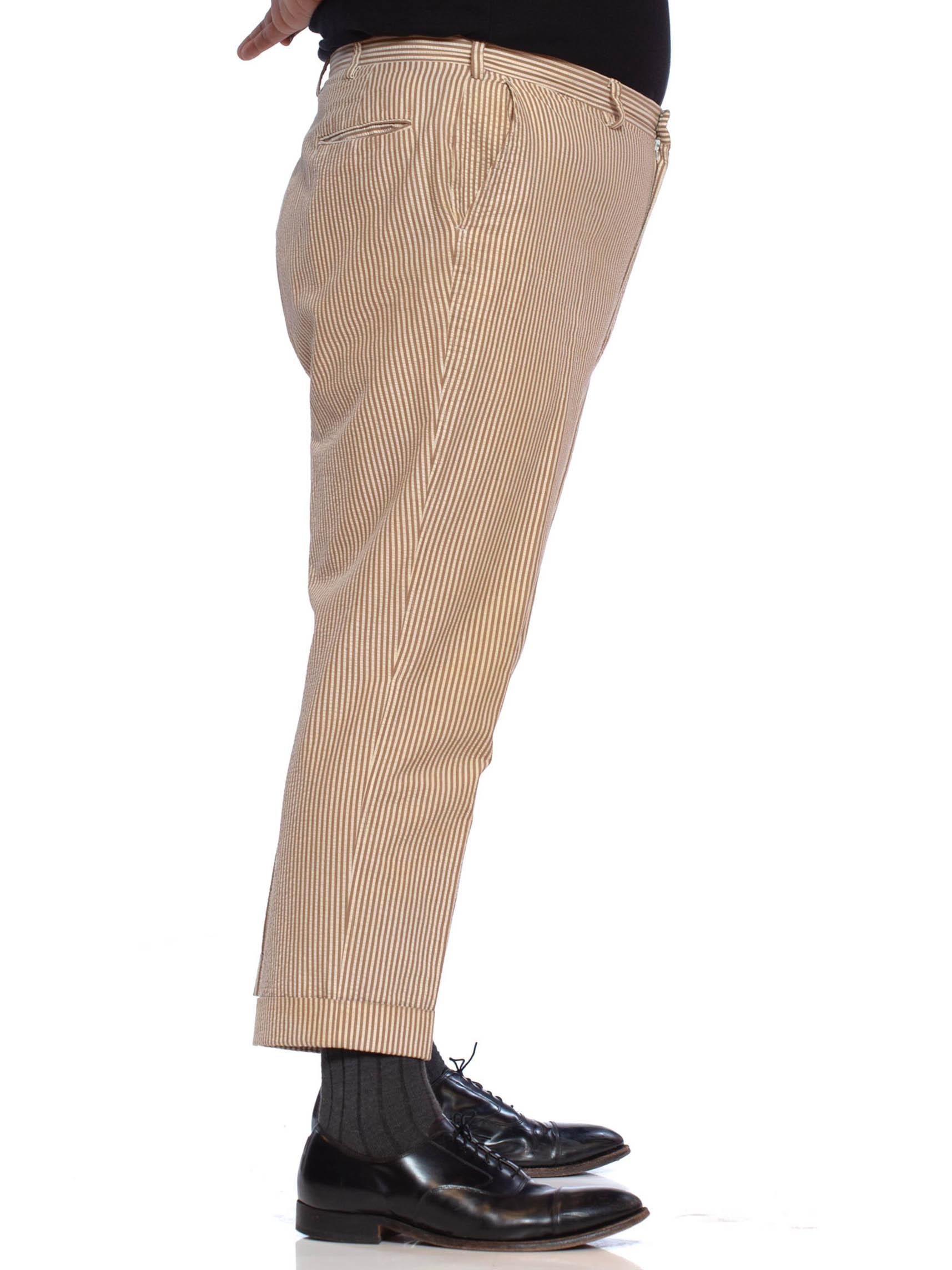 1970S BROOKS BROTHERS Brown & Beige Cotton Seersucker Men's Pants In Excellent Condition For Sale In New York, NY