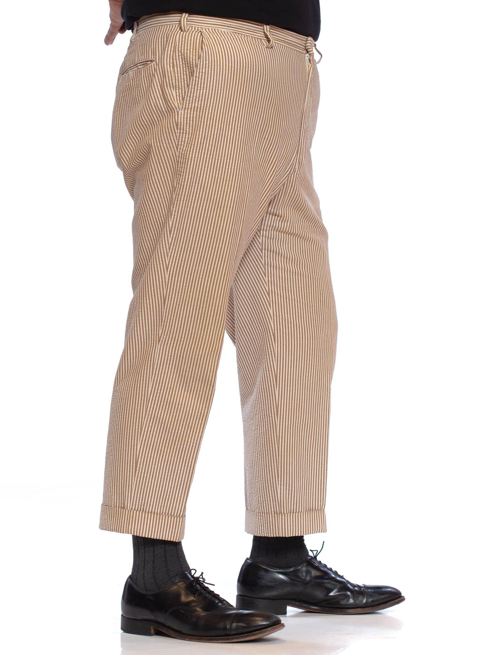 1970S BROOKS BROTHERS Brown & Beige Cotton Seersucker Men's Pants For Sale 1