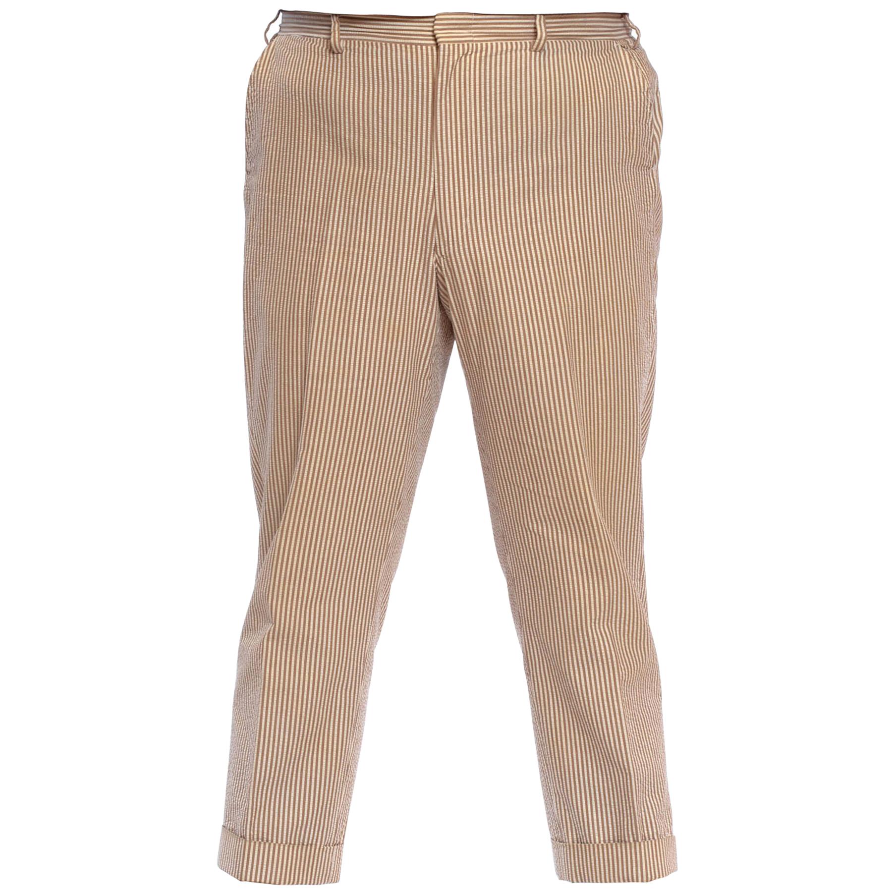 1970S BROOKS BROTHERS Brown & Beige Cotton Seersucker Men's Pants For Sale