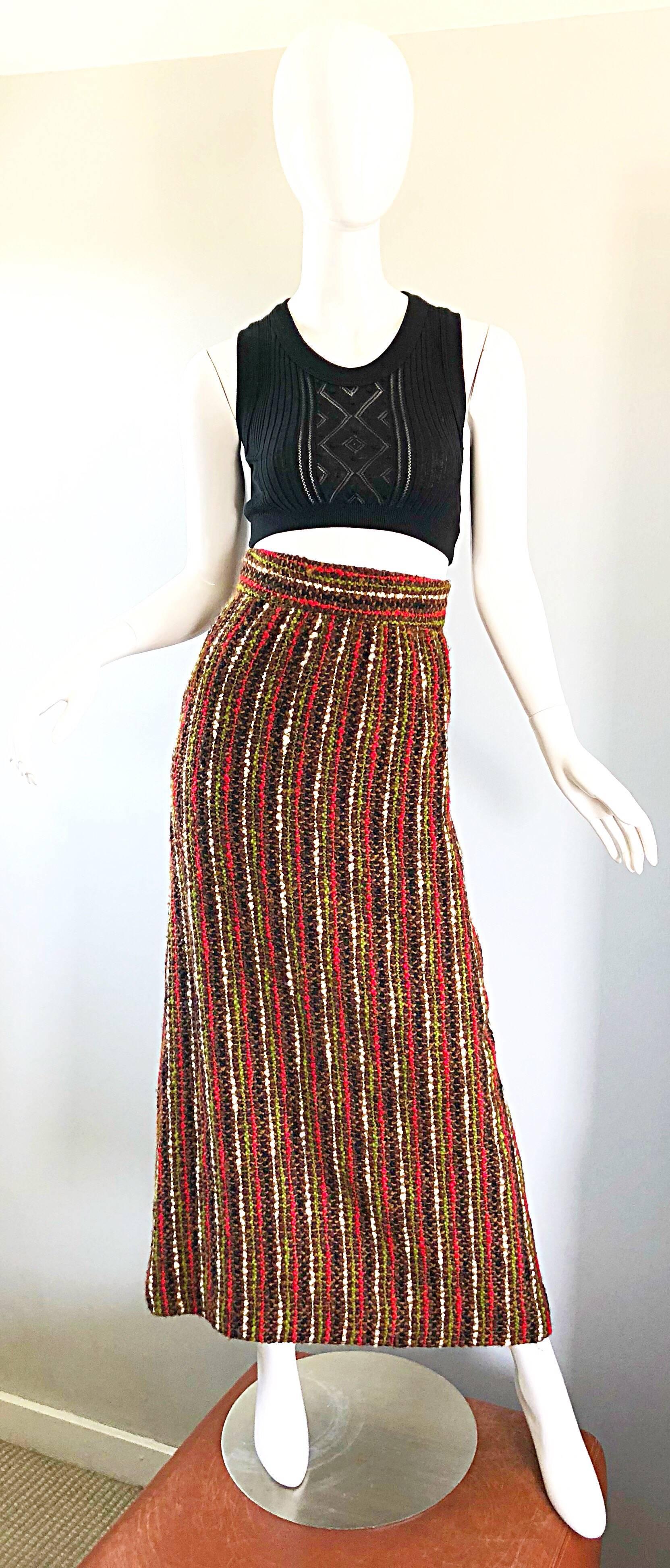 1970s Brown + Olive Green + Red Boucle High Waisted Wool vintage 70s Maxi Skirt For Sale 3