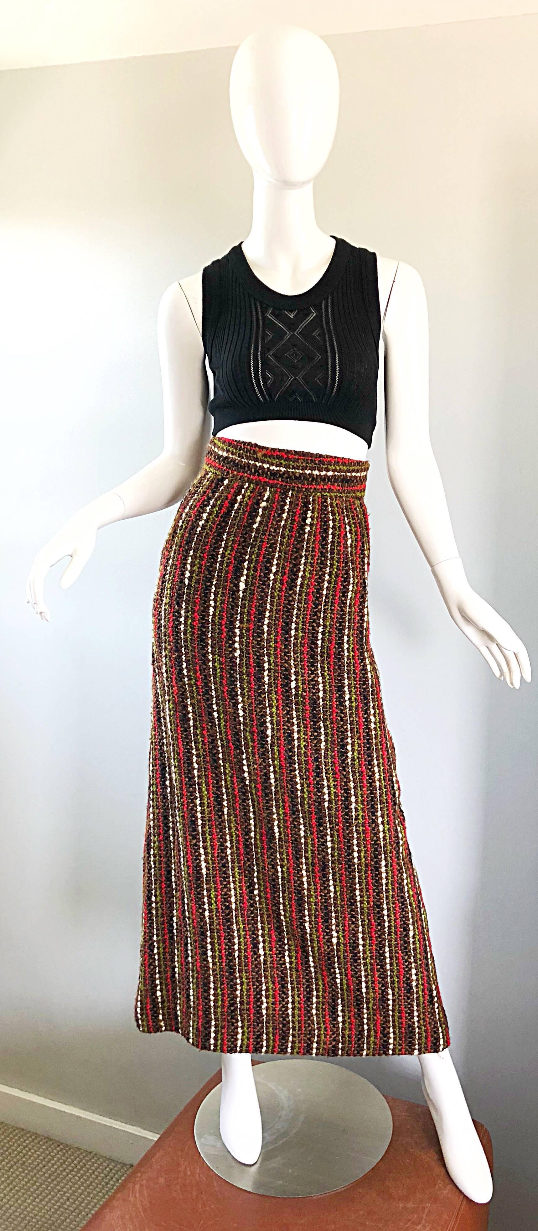 Chic 1970s high waisted soft boucle woven maxi skirt! Features warm hues of olive chartreuse green, brown and red stripes throughout. High quality, and very finely constructed. Hidden metal zipper up th eback with hook-and-eye closure. Fully lined.