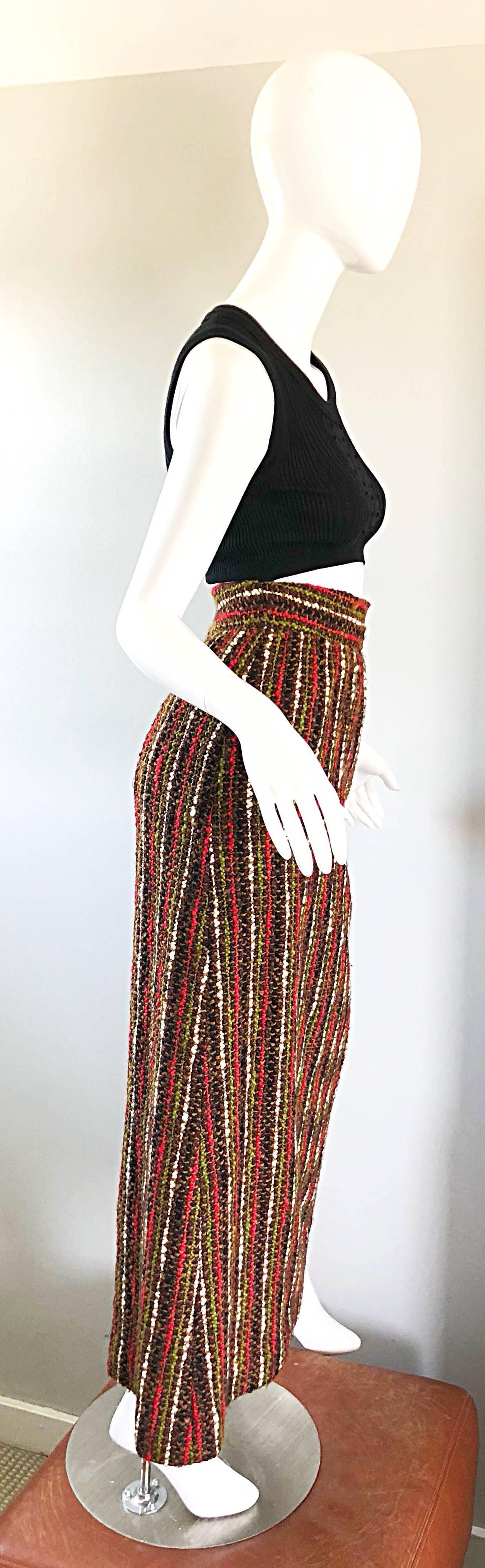 1970s Brown + Olive Green + Red Boucle High Waisted Wool vintage 70s Maxi Skirt In Excellent Condition For Sale In San Diego, CA