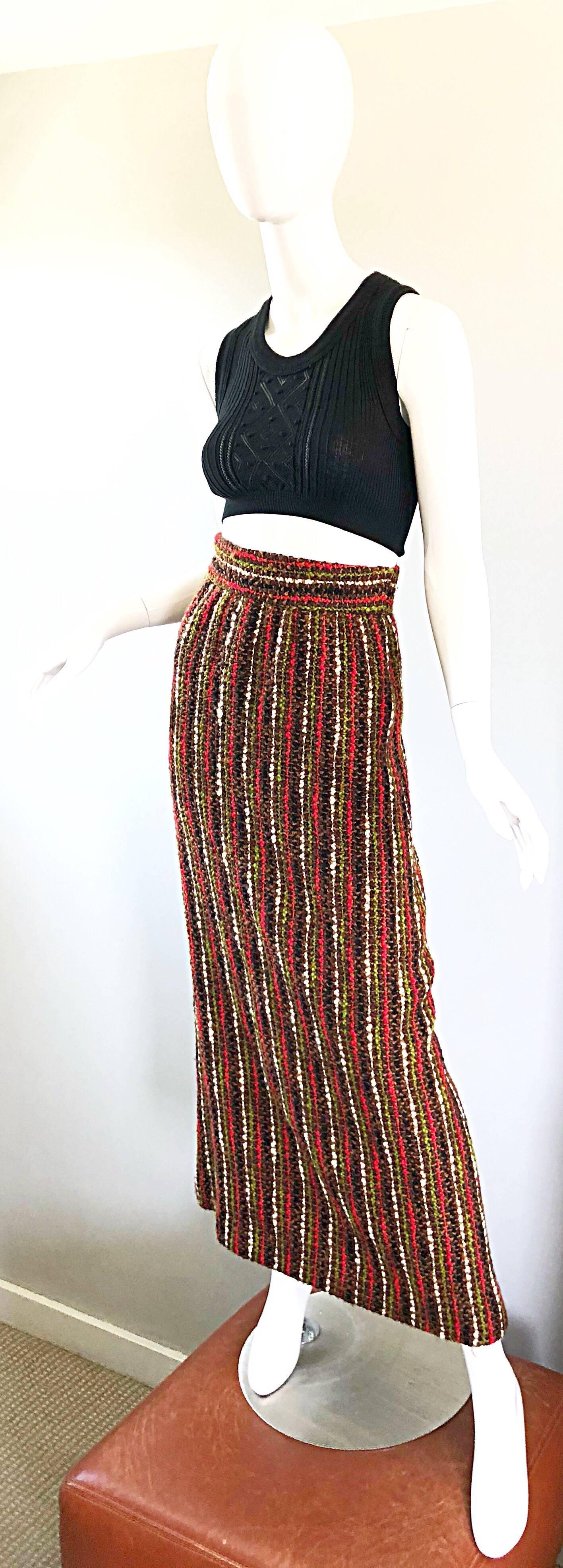 Women's 1970s Brown + Olive Green + Red Boucle High Waisted Wool vintage 70s Maxi Skirt For Sale