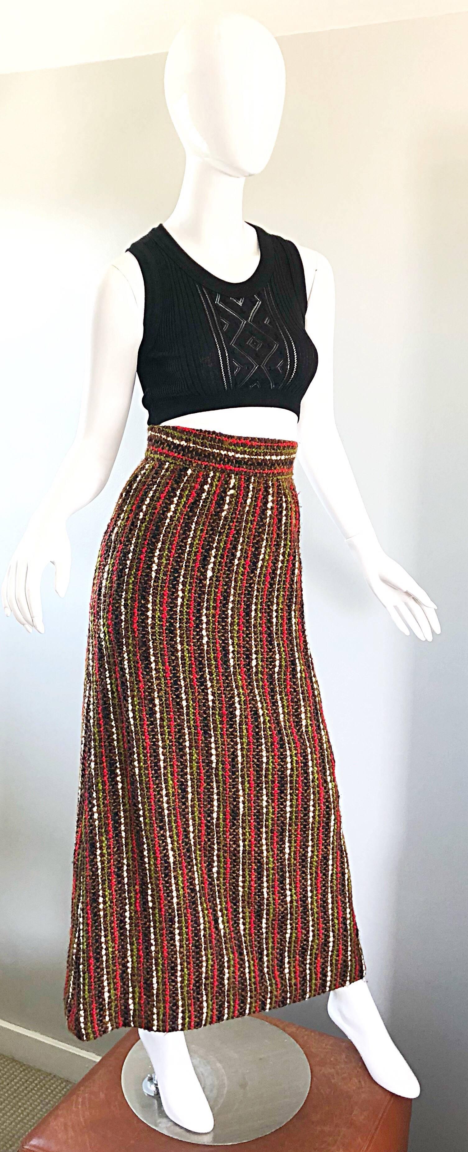1970s Brown + Olive Green + Red Boucle High Waisted Wool vintage 70s Maxi Skirt For Sale 1
