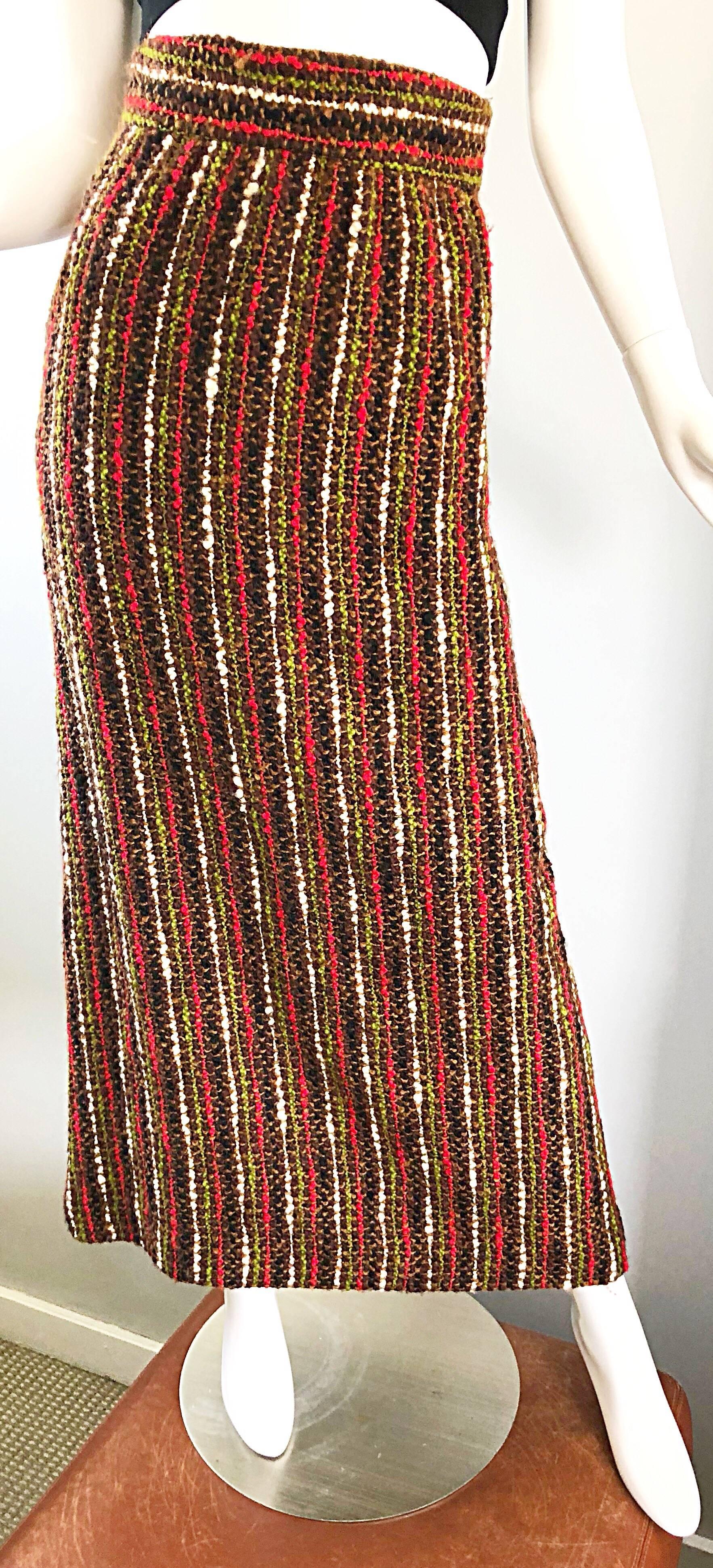 1970s Brown + Olive Green + Red Boucle High Waisted Wool vintage 70s Maxi Skirt For Sale 2
