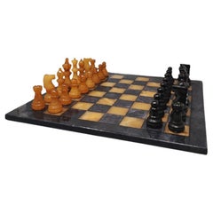 1970s Brown and Black Chess Set in Volterra Alabaster Handmade. Made in Italy