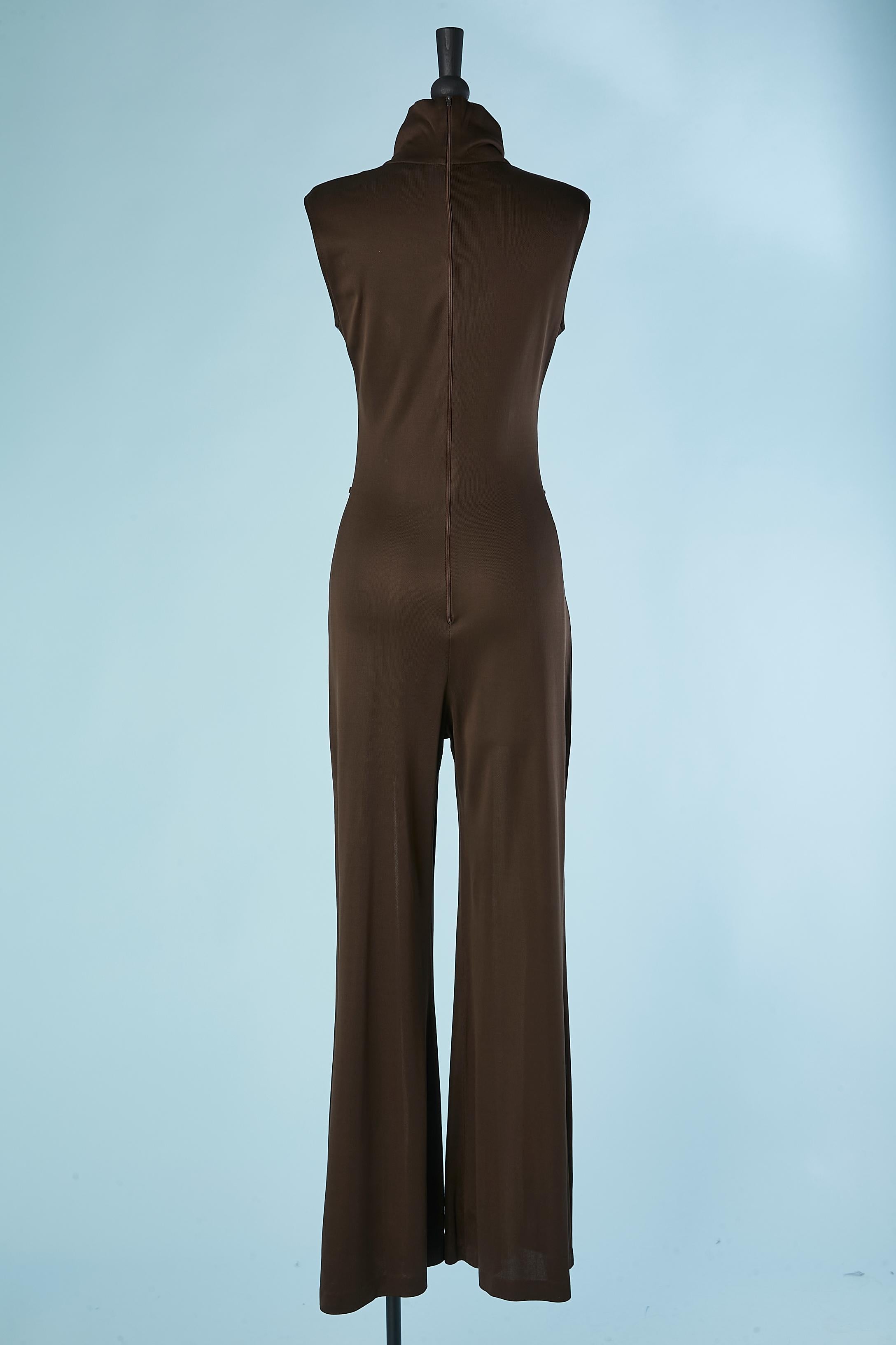 Women's 1970's Brown and off-white sleeveless jumpsuit  For Sale