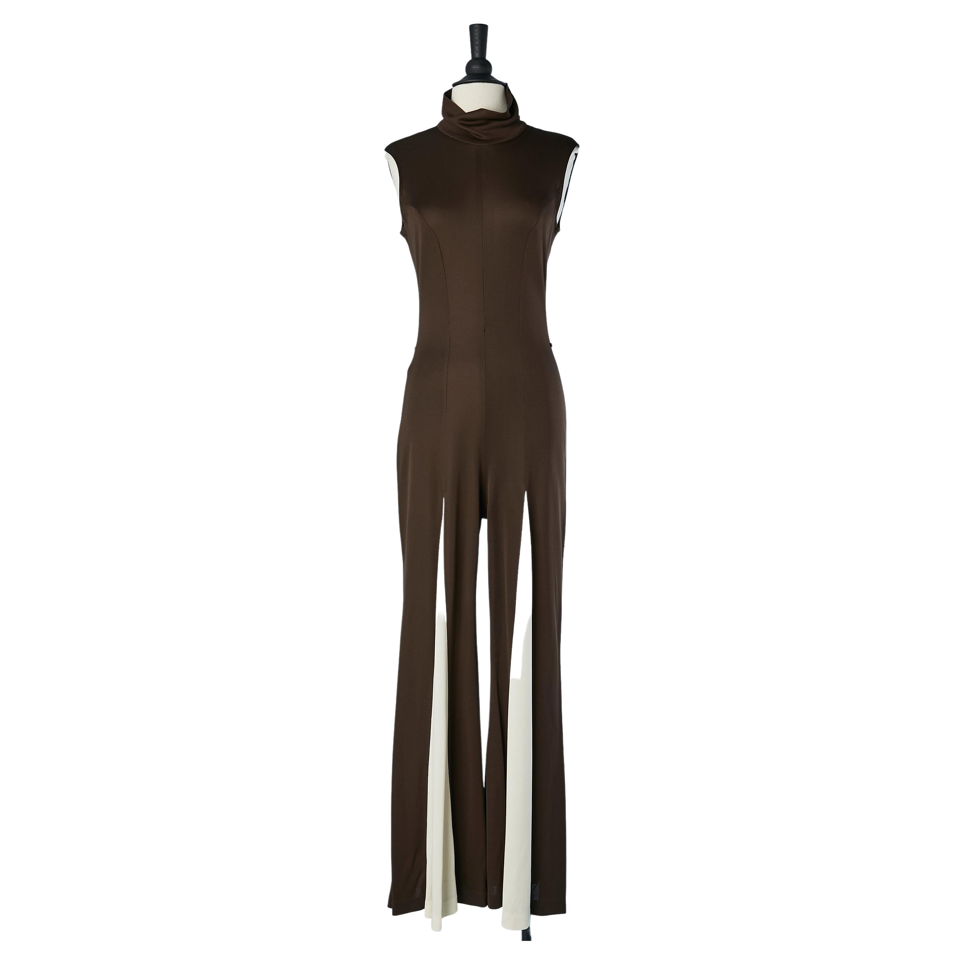 1970's Brown and off-white sleeveless jumpsuit 