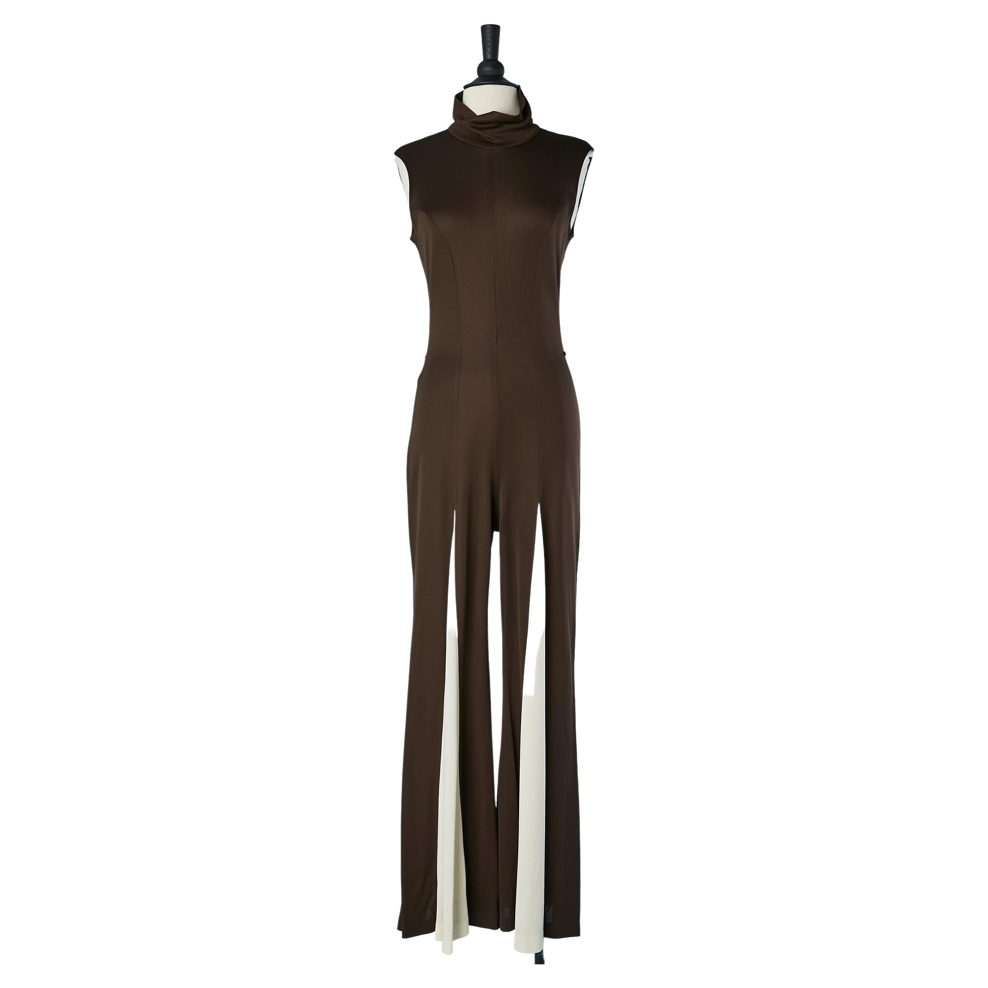 1970's Brown and off-white sleeveless jumpsuit