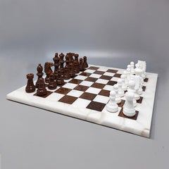 1970s Brown and White Chess Set in Volterra Alabaster Handmade, Made in Italy