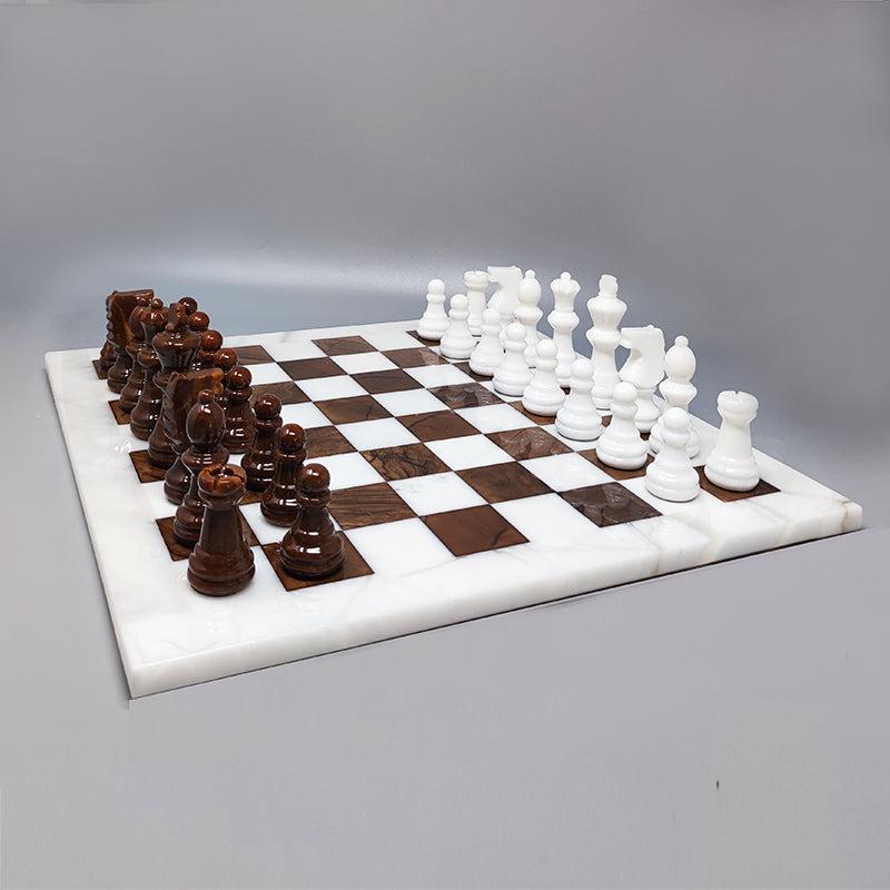 Mid-Century Modern 1970s Brown and White Chess Set in Volterra Alabaster Handmade, Made in Italy