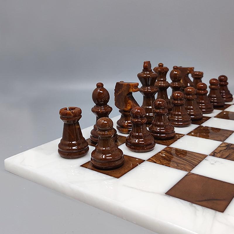 Italian 1970s Brown and White Chess Set in Volterra Alabaster Handmade, Made in Italy