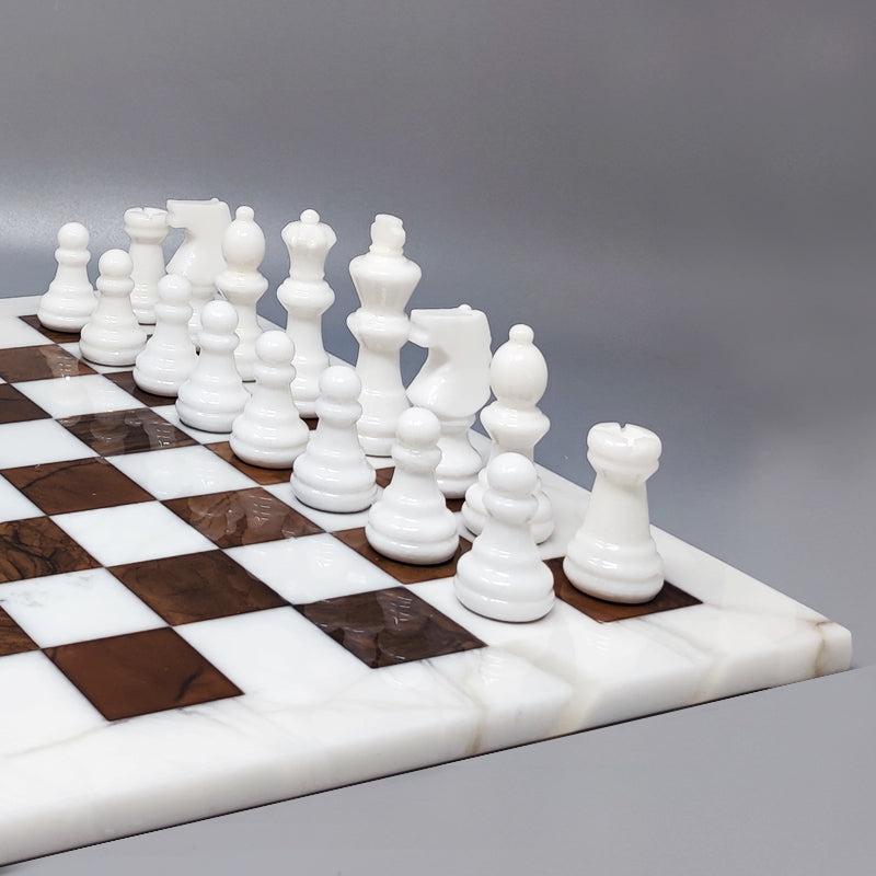 Late 20th Century 1970s Brown and White Chess Set in Volterra Alabaster Handmade, Made in Italy