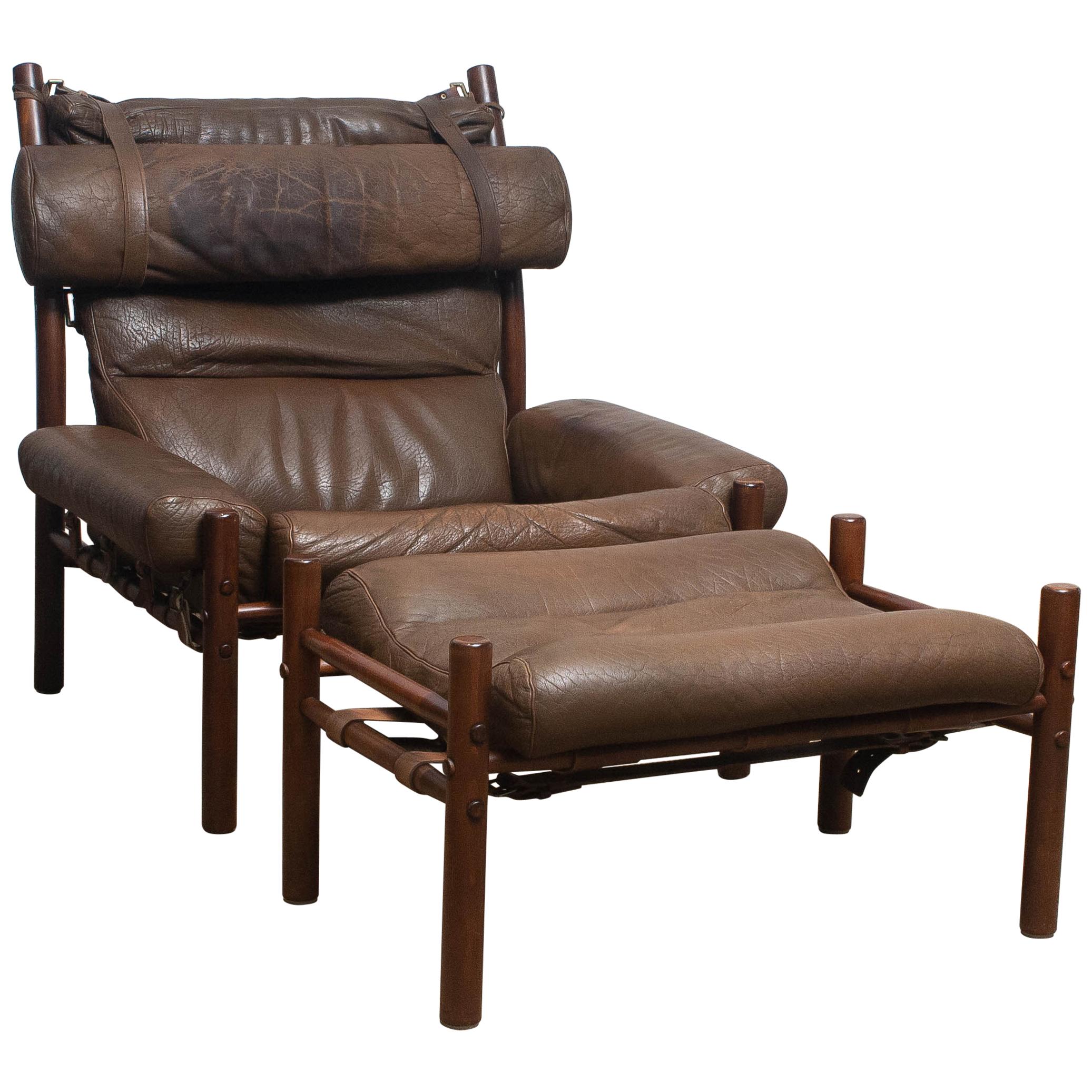 1970s Brown Buffalo Leather Chair "Inca" and Ottoman by Arne Norell Möbler AB. !