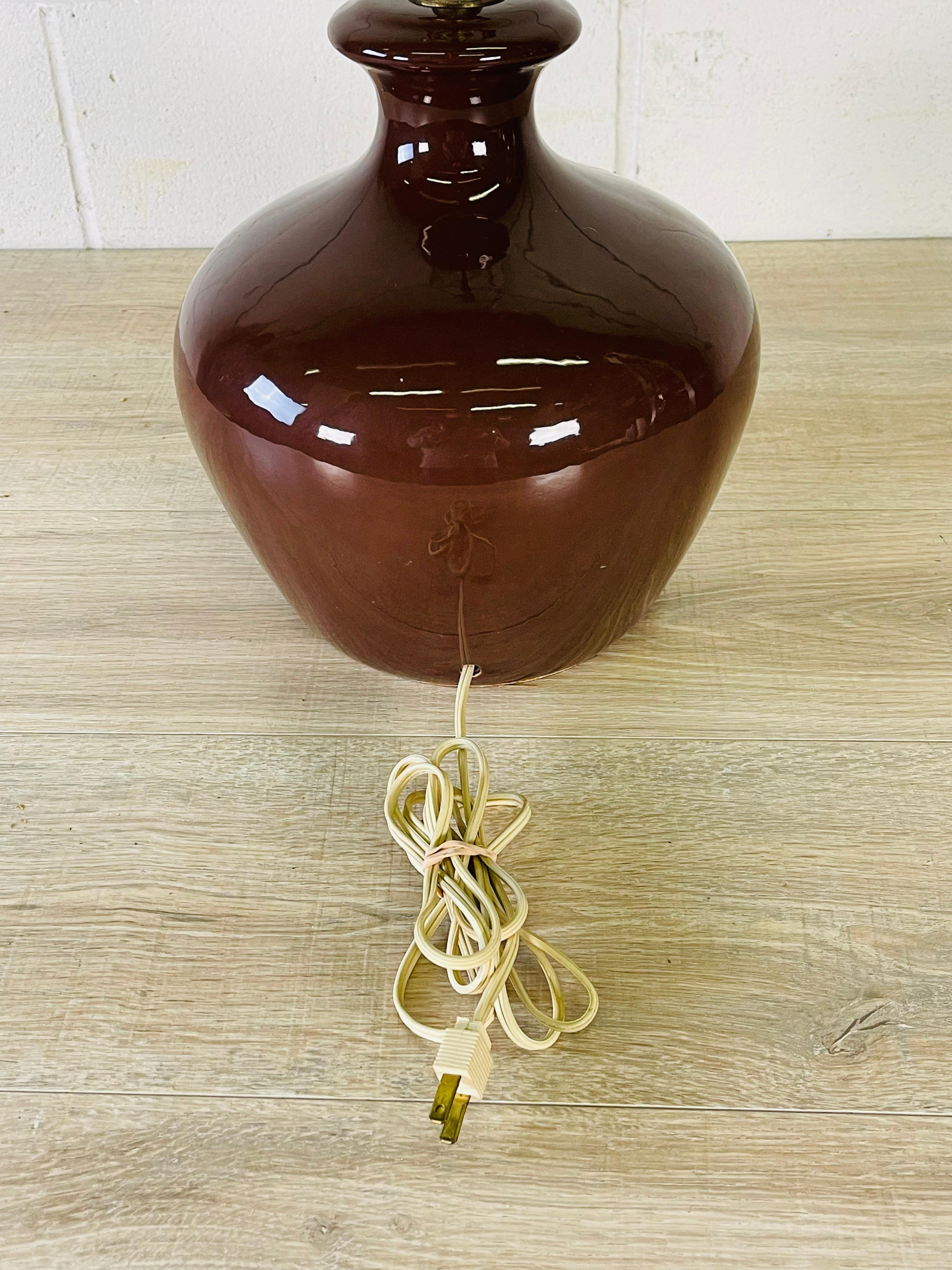 1970s Brown Bulbous Ceramic Table Lamp For Sale 1