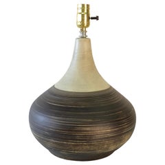 1970s Brown Ceramic Barrel Style Striped Table Lamp