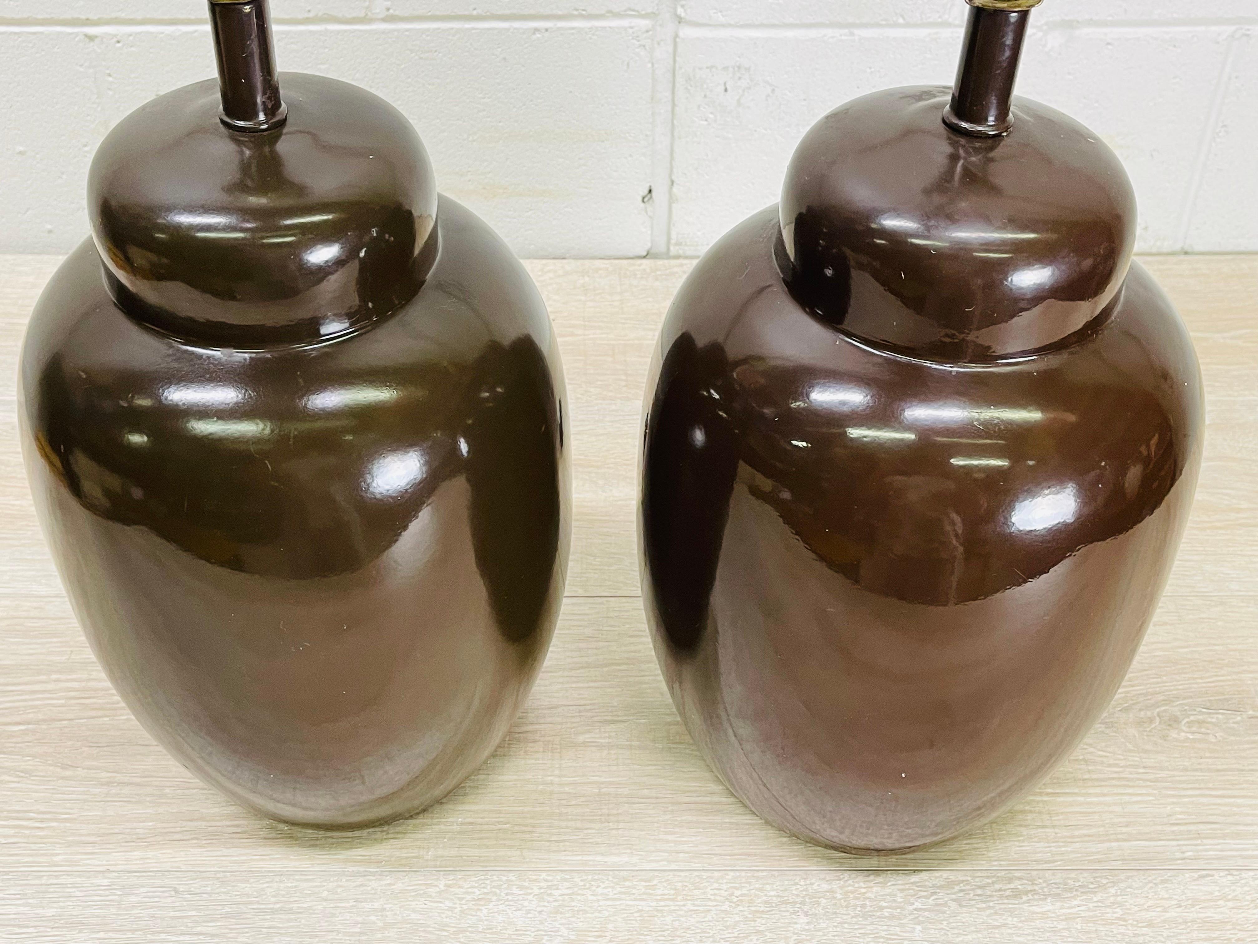 Mid-Century Modern 1970s Brown Ceramic Barrel Table Lamps, Pair For Sale