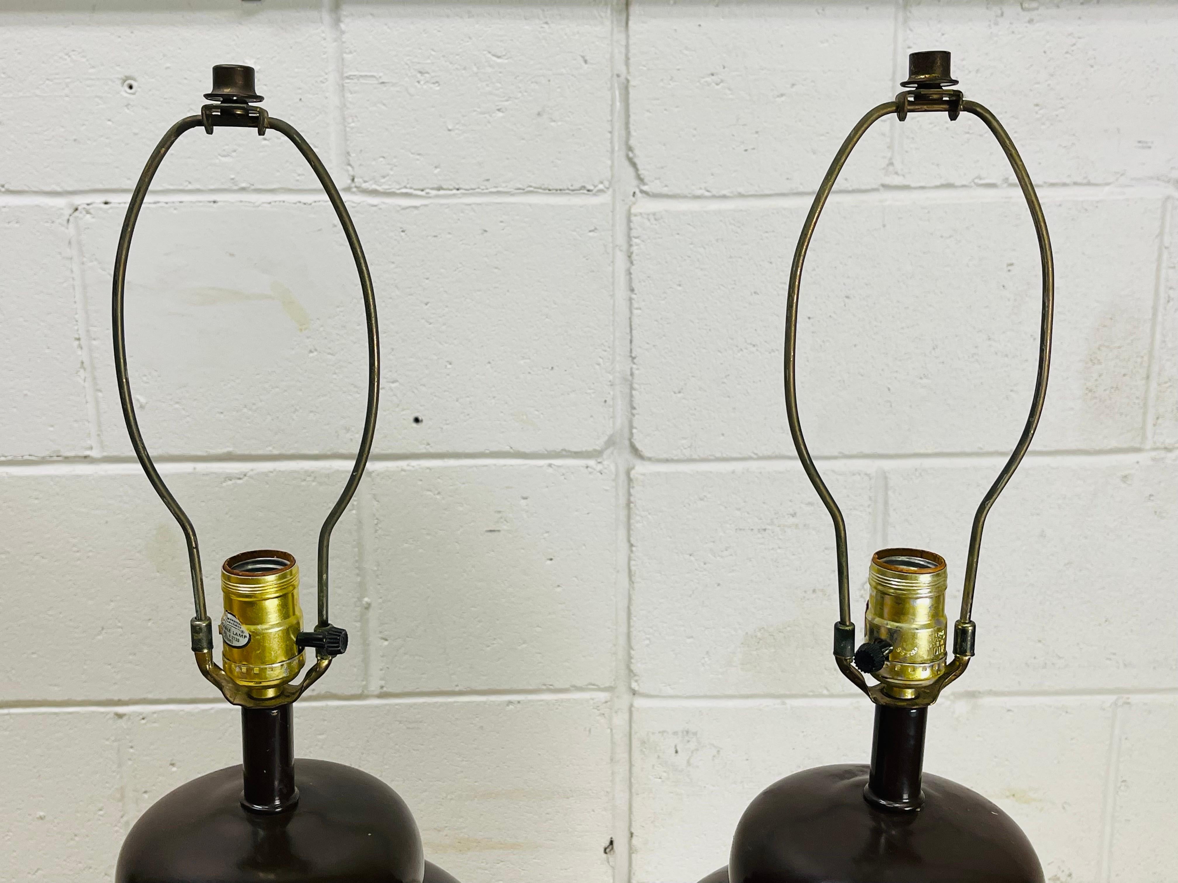 20th Century 1970s Brown Ceramic Barrel Table Lamps, Pair For Sale