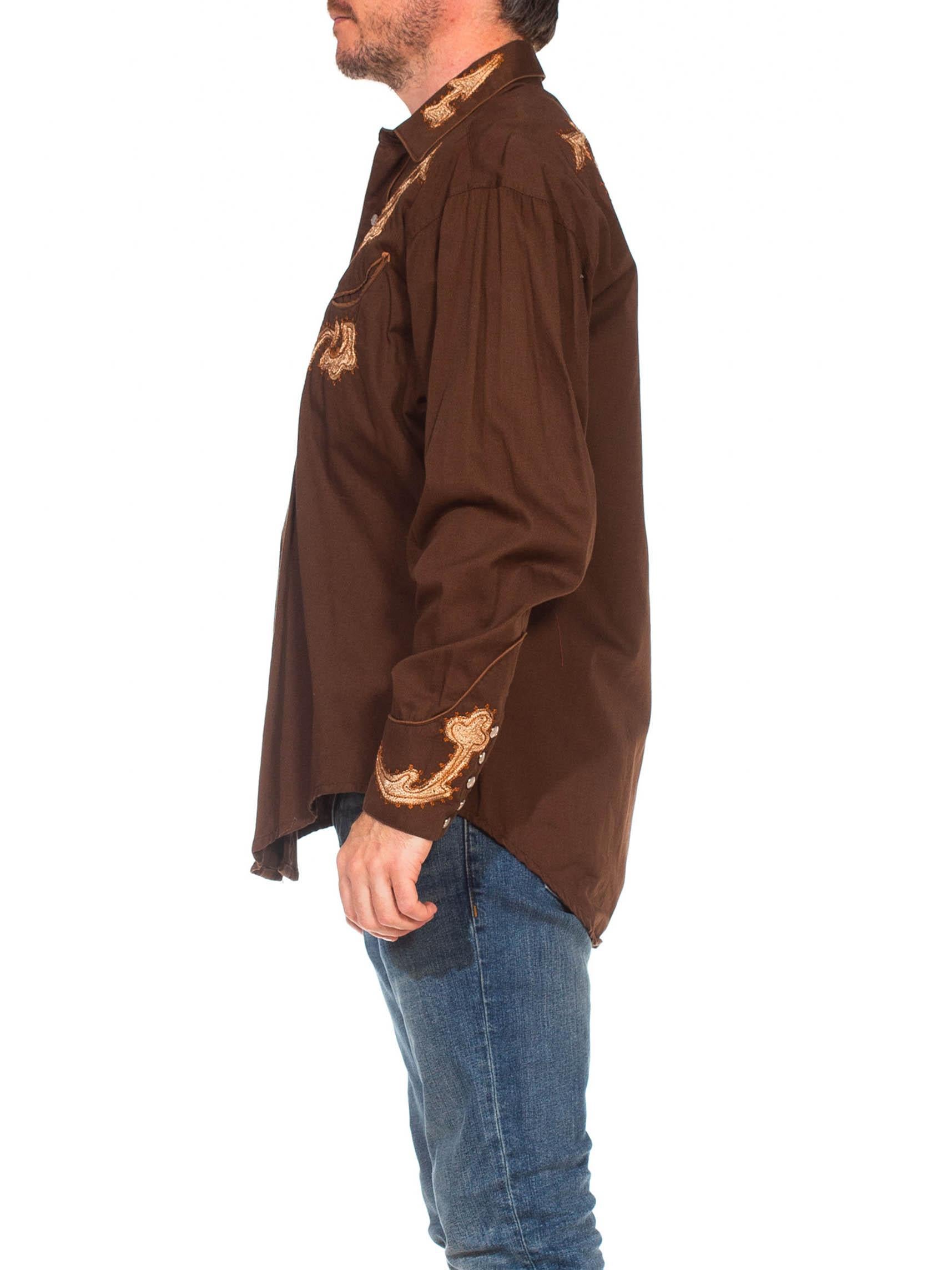Chemise western à manches longues en coton brodé marron 1970S pour hommes