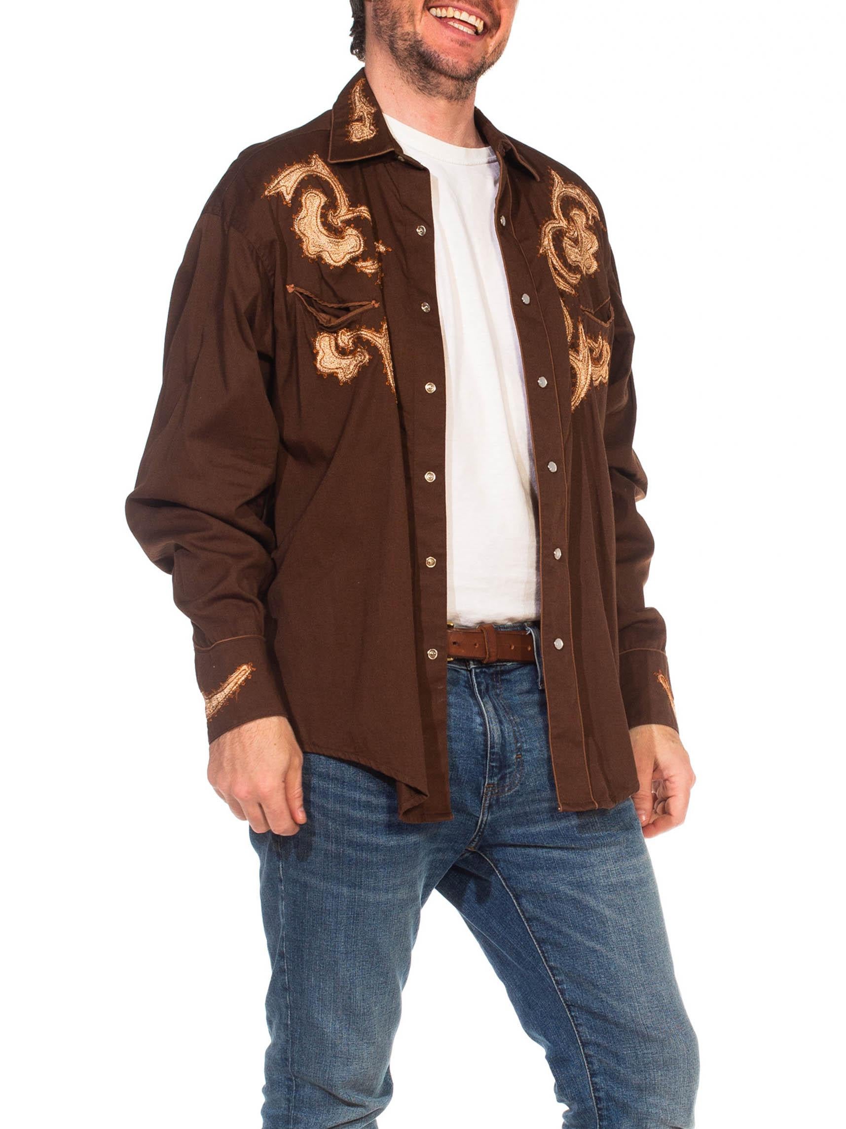 Chemise western à manches longues en coton brodé marron des années 1970 pour hommes en vente 2