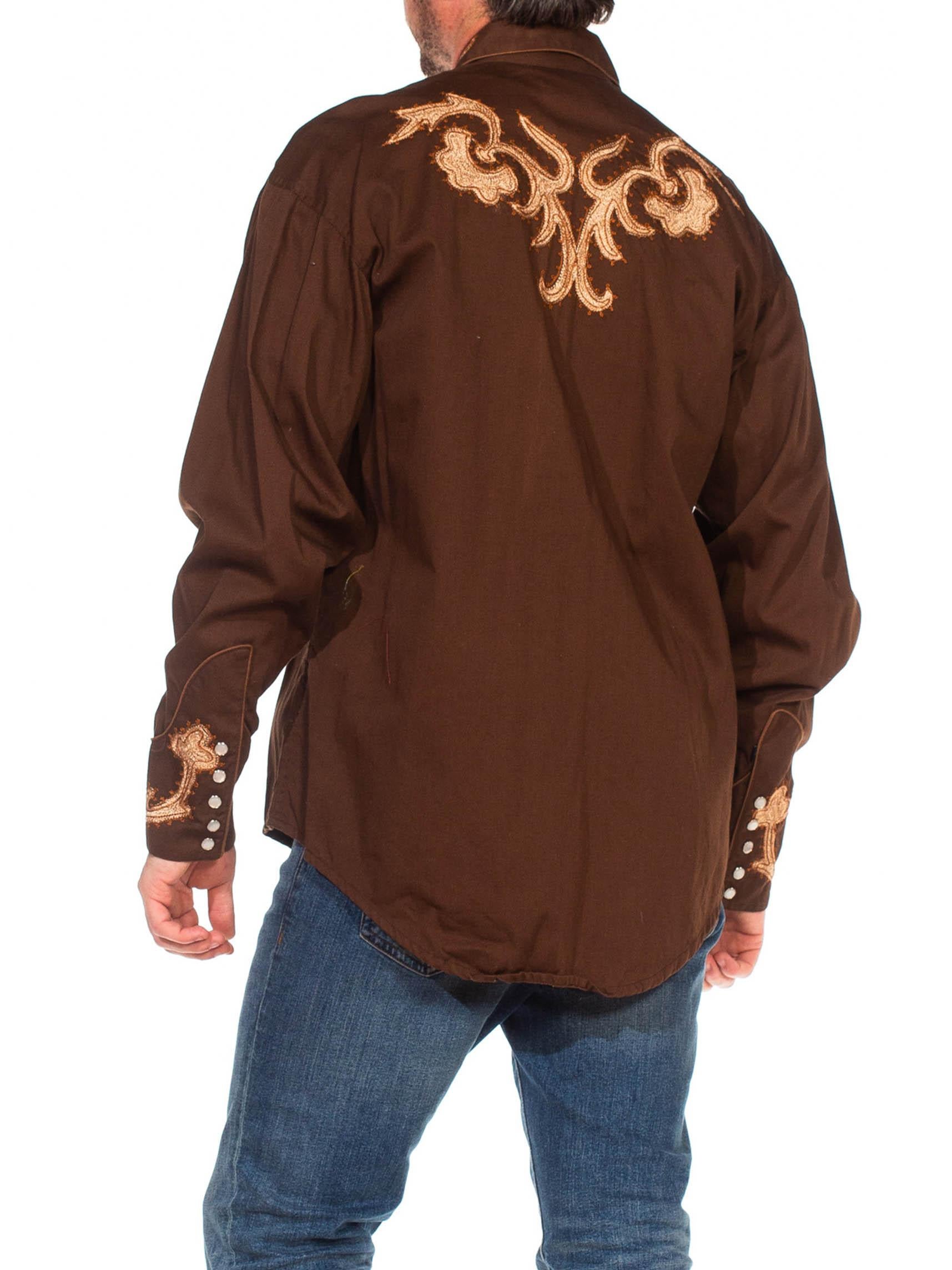 1970S Brown Cotton Embroidered Long Sleeve Men's Western Shirt For Sale 3