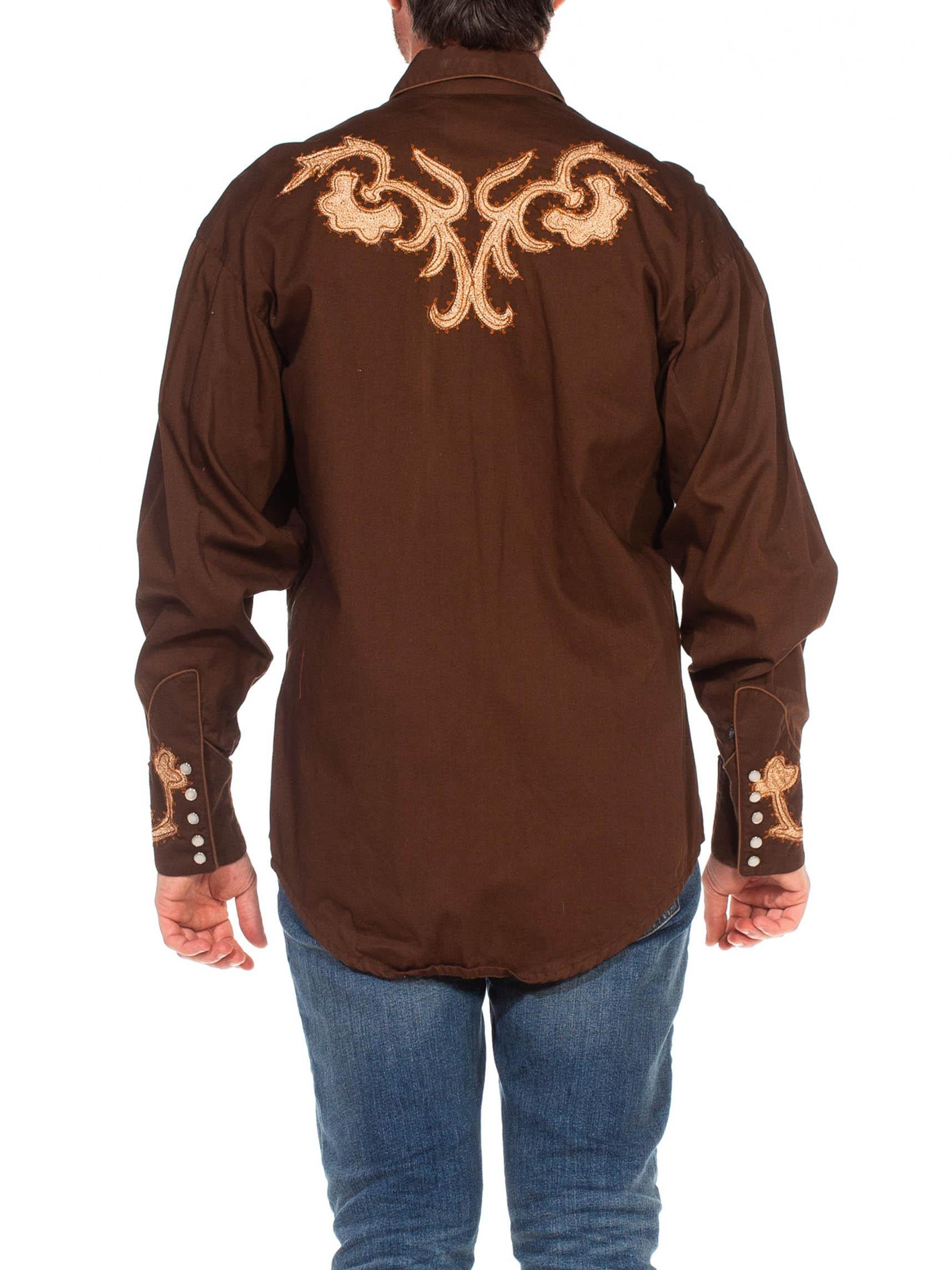 1970S Brown Cotton Embroidered Long Sleeve Men's Western Shirt For Sale 4