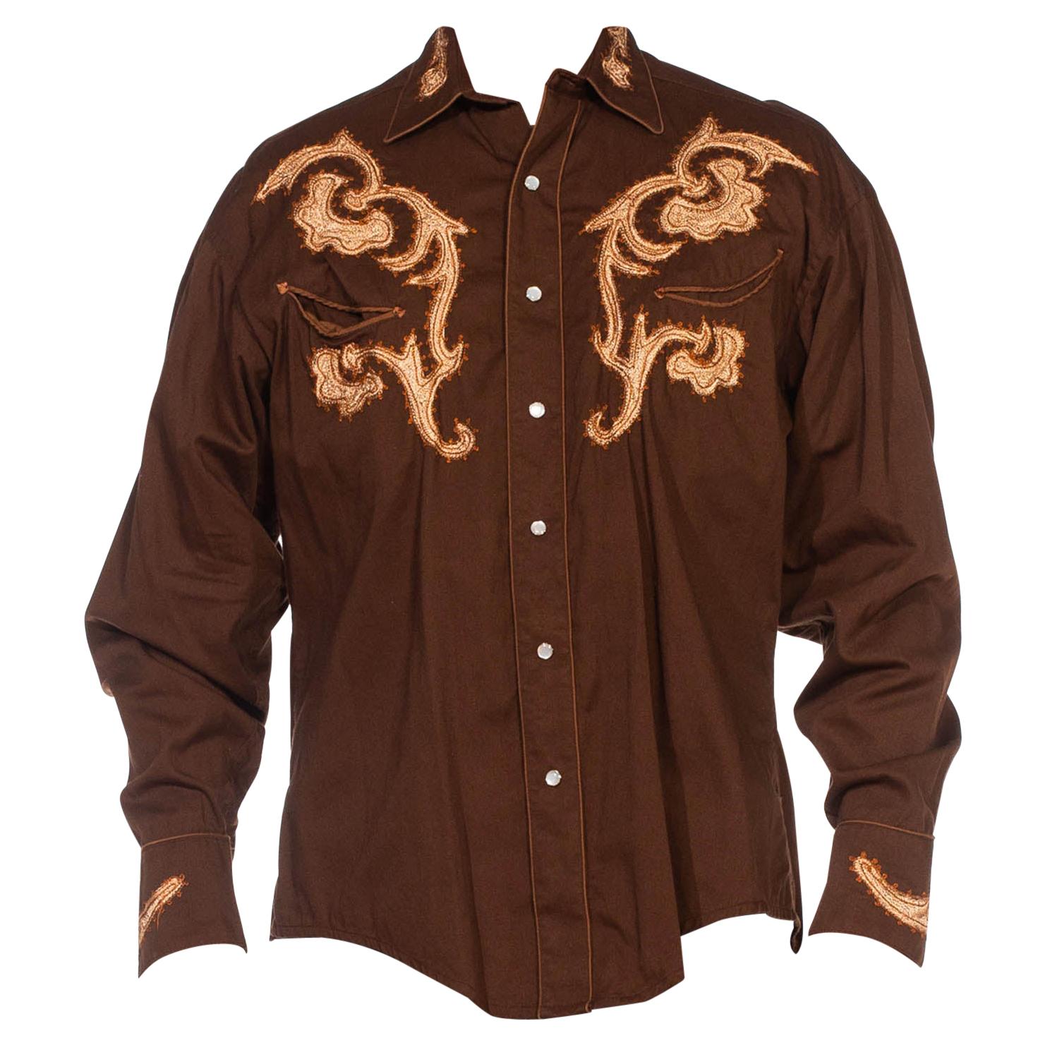 Chemise western à manches longues en coton brodé marron des années 1970 pour hommes