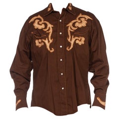 Retro 1970S Brown Cotton Embroidered Long Sleeve Men's Western Shirt