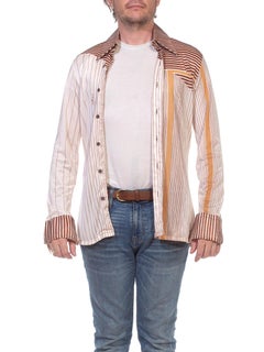 1970S Brown & Cream Nylon Tricot Jersey Men's Disco Stripe Shirt