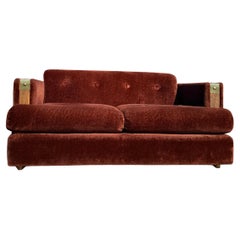 Causeuse en fausse fourrure marron des années 1970 avec garniture en Oak