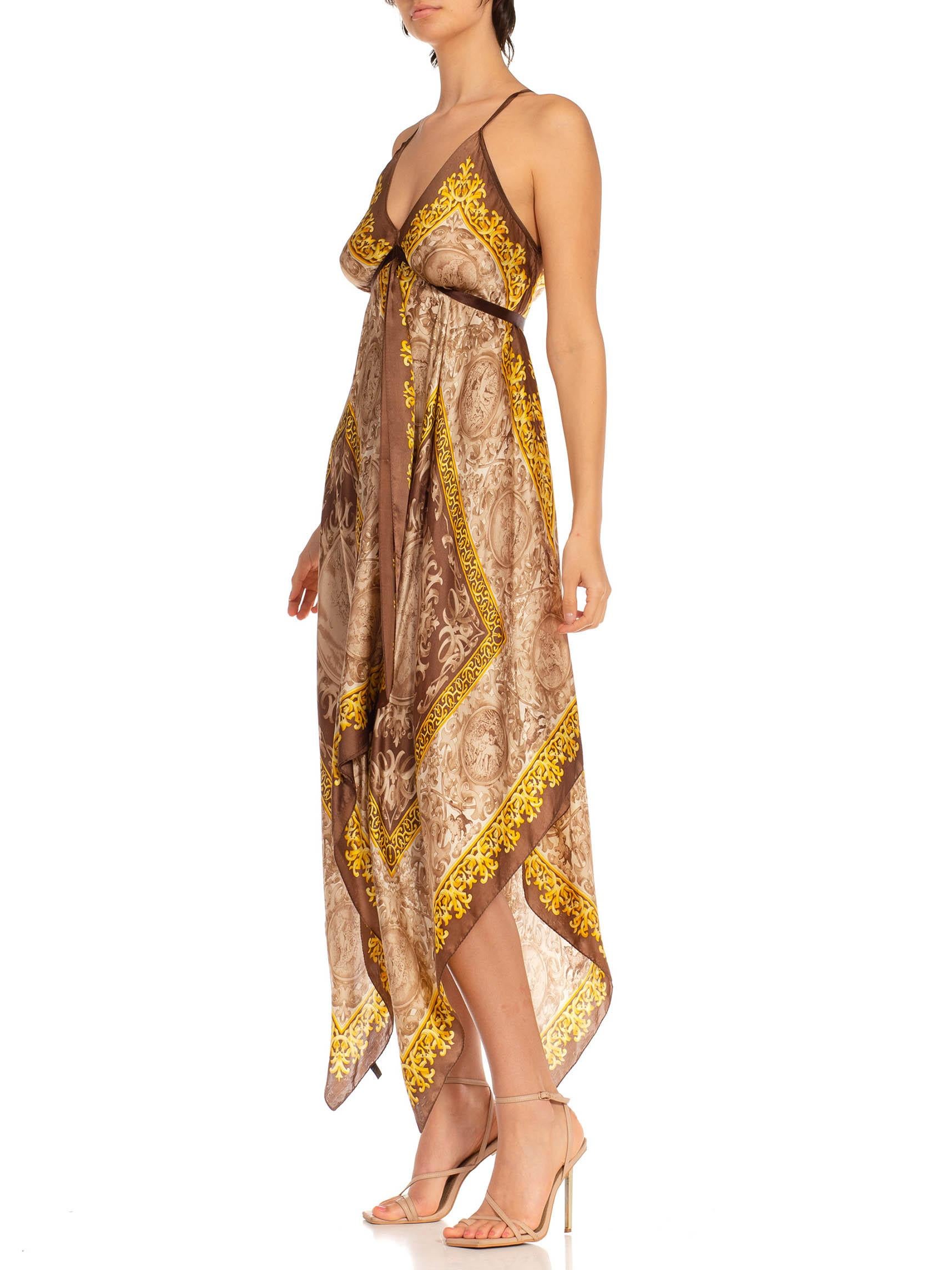 1970S Brown & Gold Silk Satin Medallion Print With Borders Scarf Dress In Excellent Condition For Sale In New York, NY
