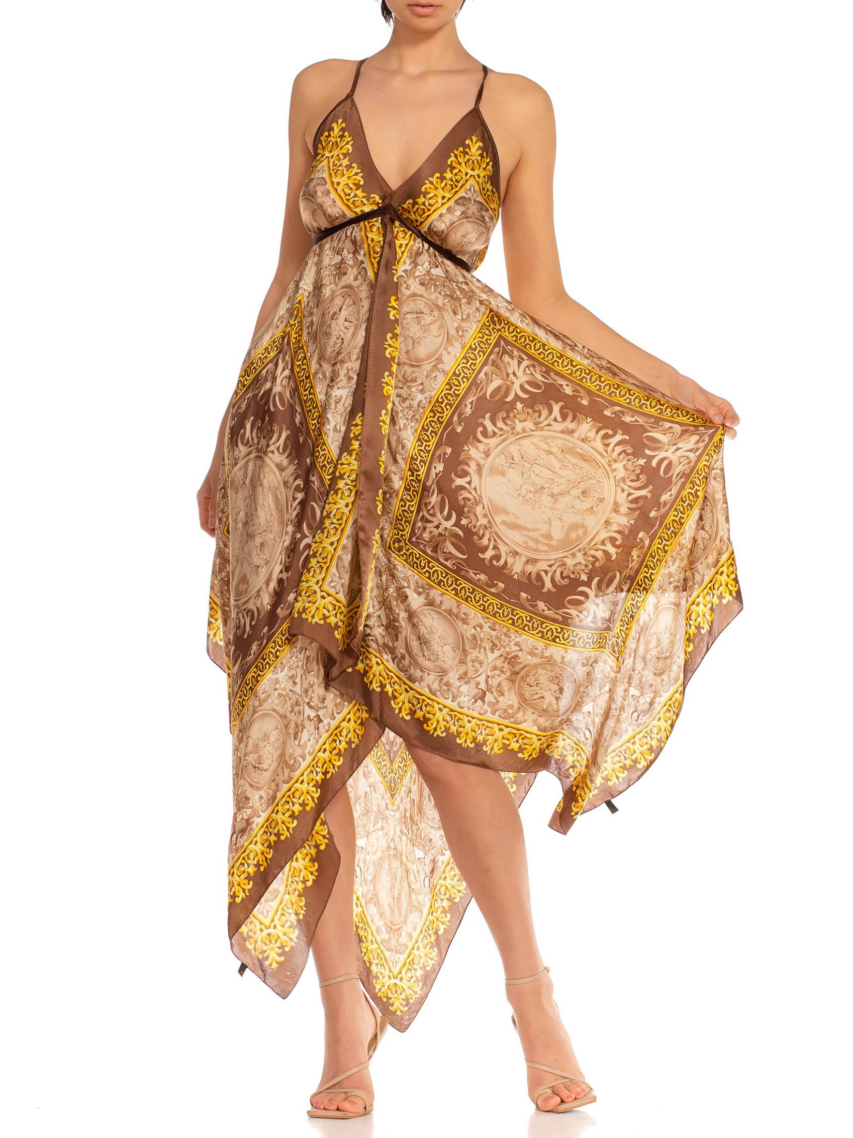 1970S Brown & Gold Silk Satin Medallion Print With Borders Scarf Dress For Sale 2