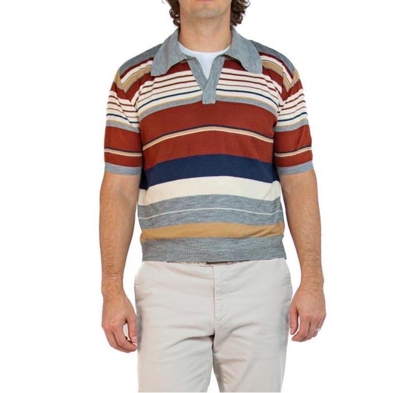 1970S Brown & Grey Acrylic Knit Striped Men's Shirt 4