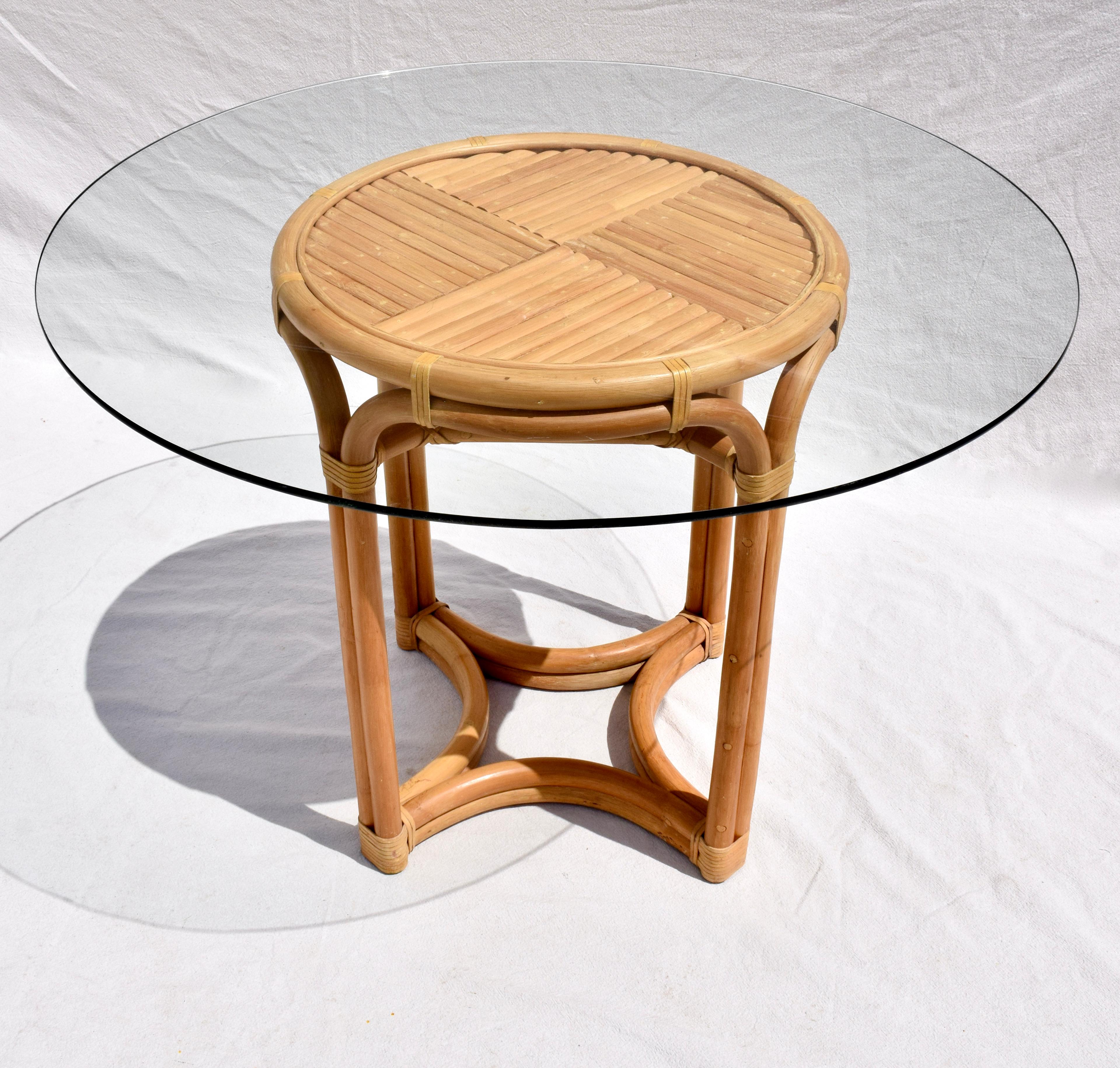 Leather 1970's, Brown Jordan Rattan Dining Table & Chair Set For Sale