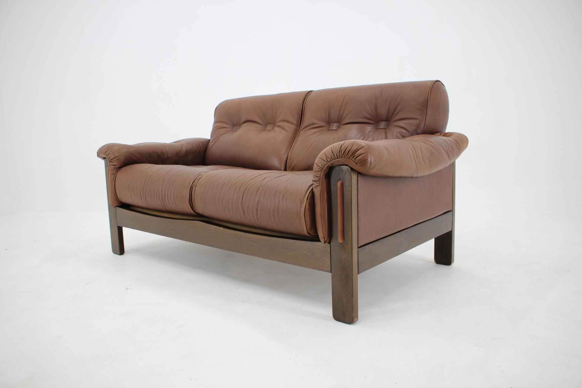 Wood 1970s Brown Leather 2-Seater Sofa, Denmark