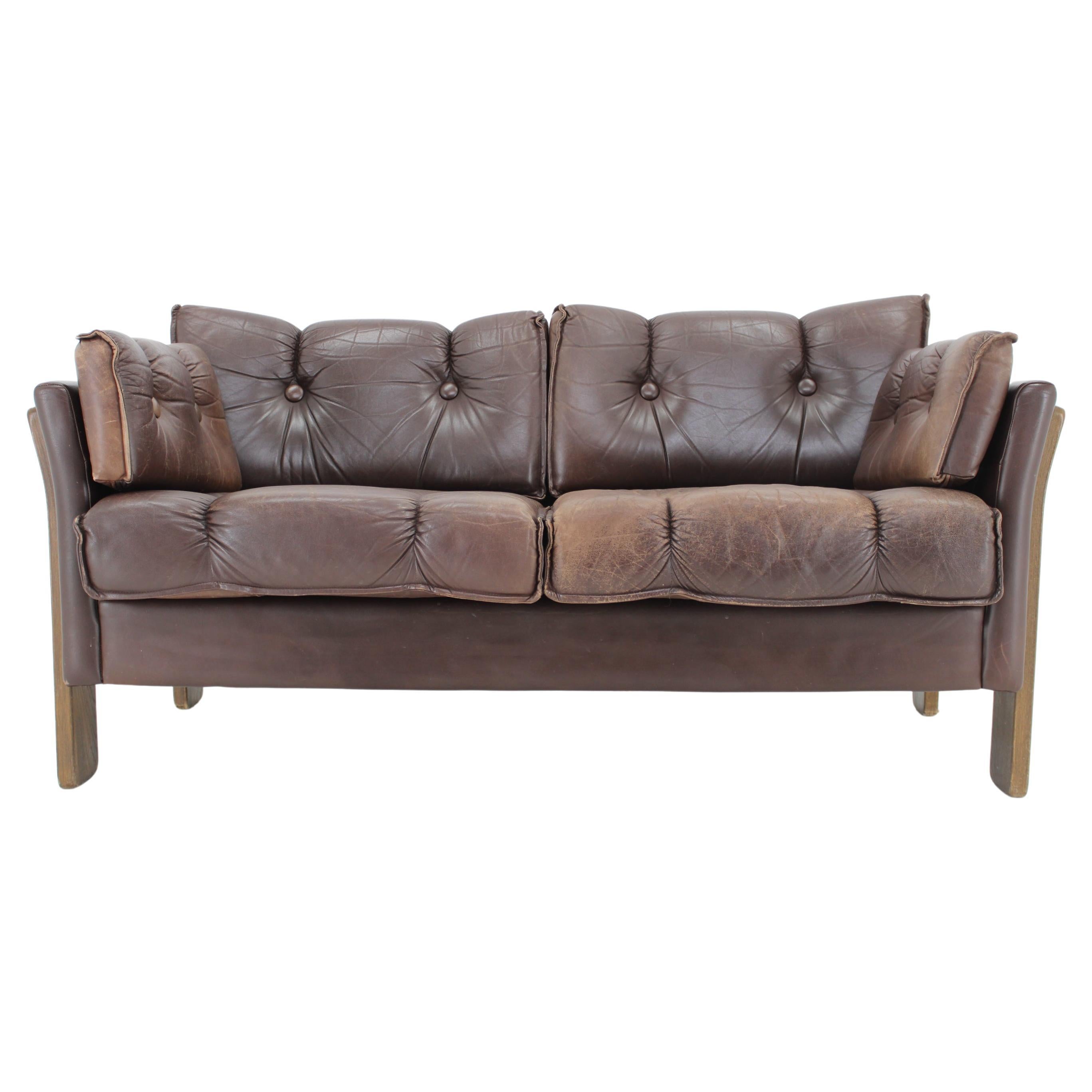 1970s Brown Leather 2-Seater Sofa, Denmark For Sale