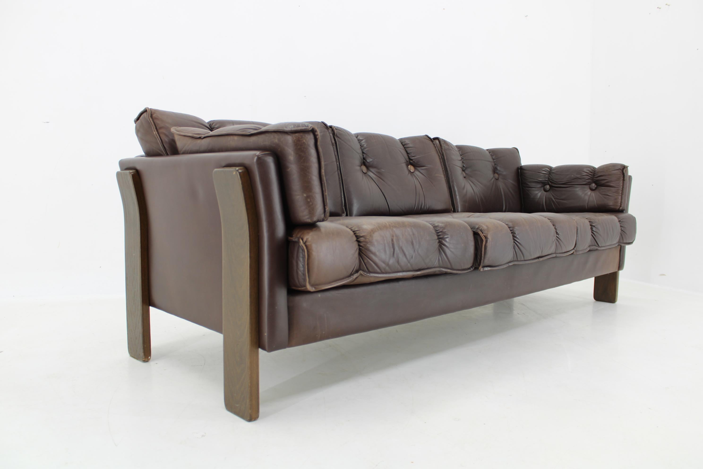 1970s Brown Leather 3-Seater Sofa, Denmark For Sale 1