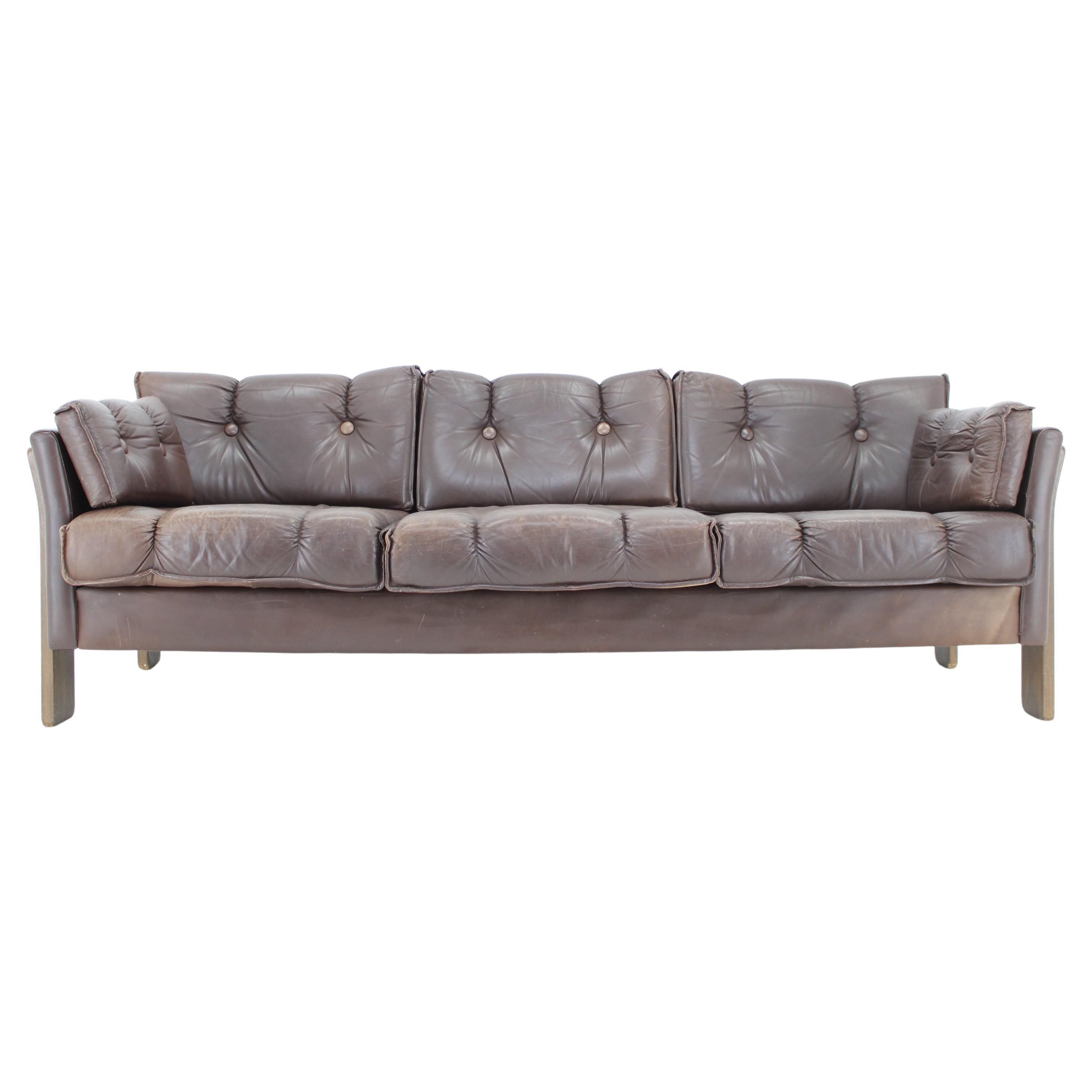 1970s Brown Leather 3-Seater Sofa, Denmark For Sale