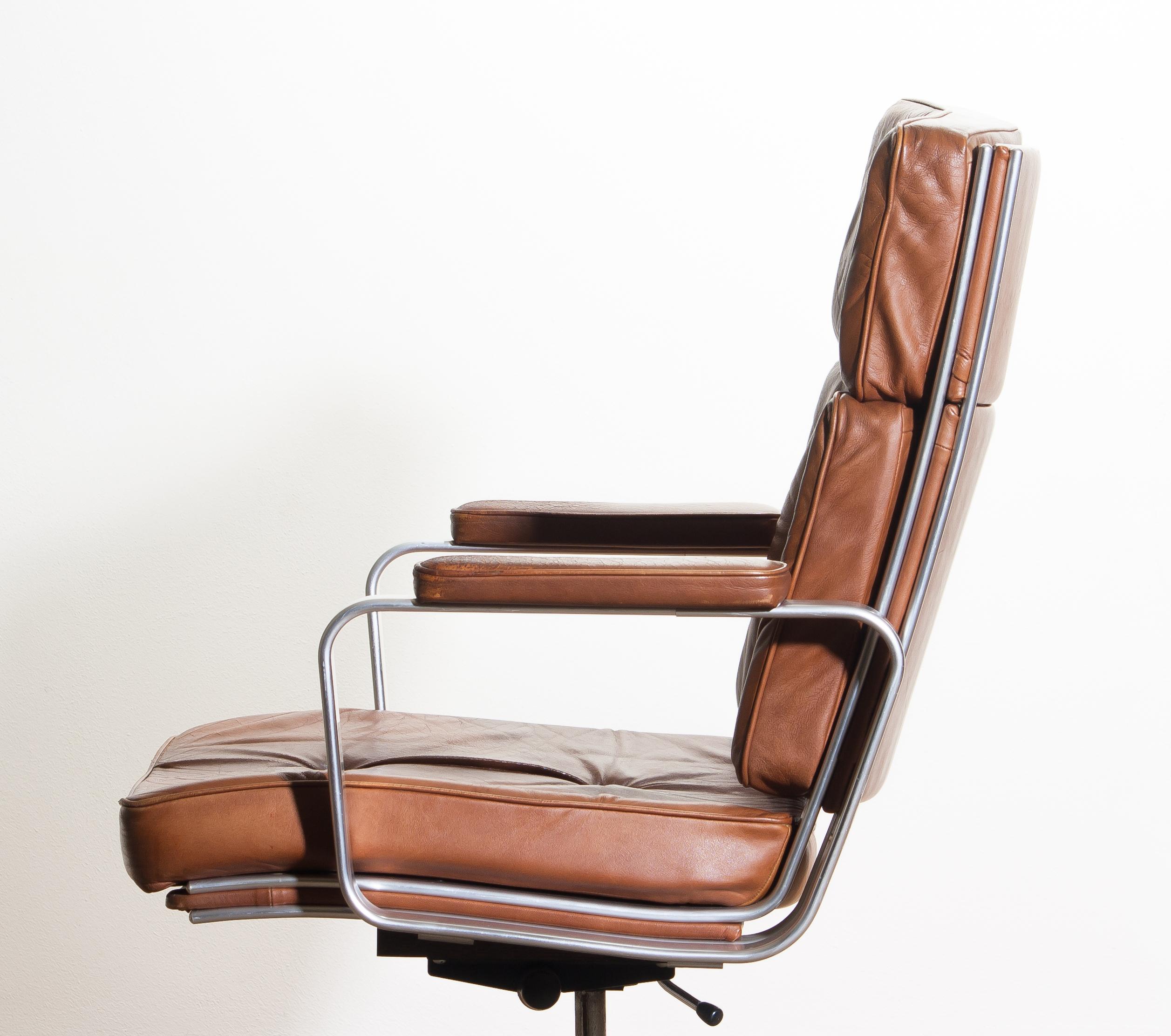 1970s, Brown Leather and Aluminum Desk Chair by Karl Erik Ekselius for Joc 3