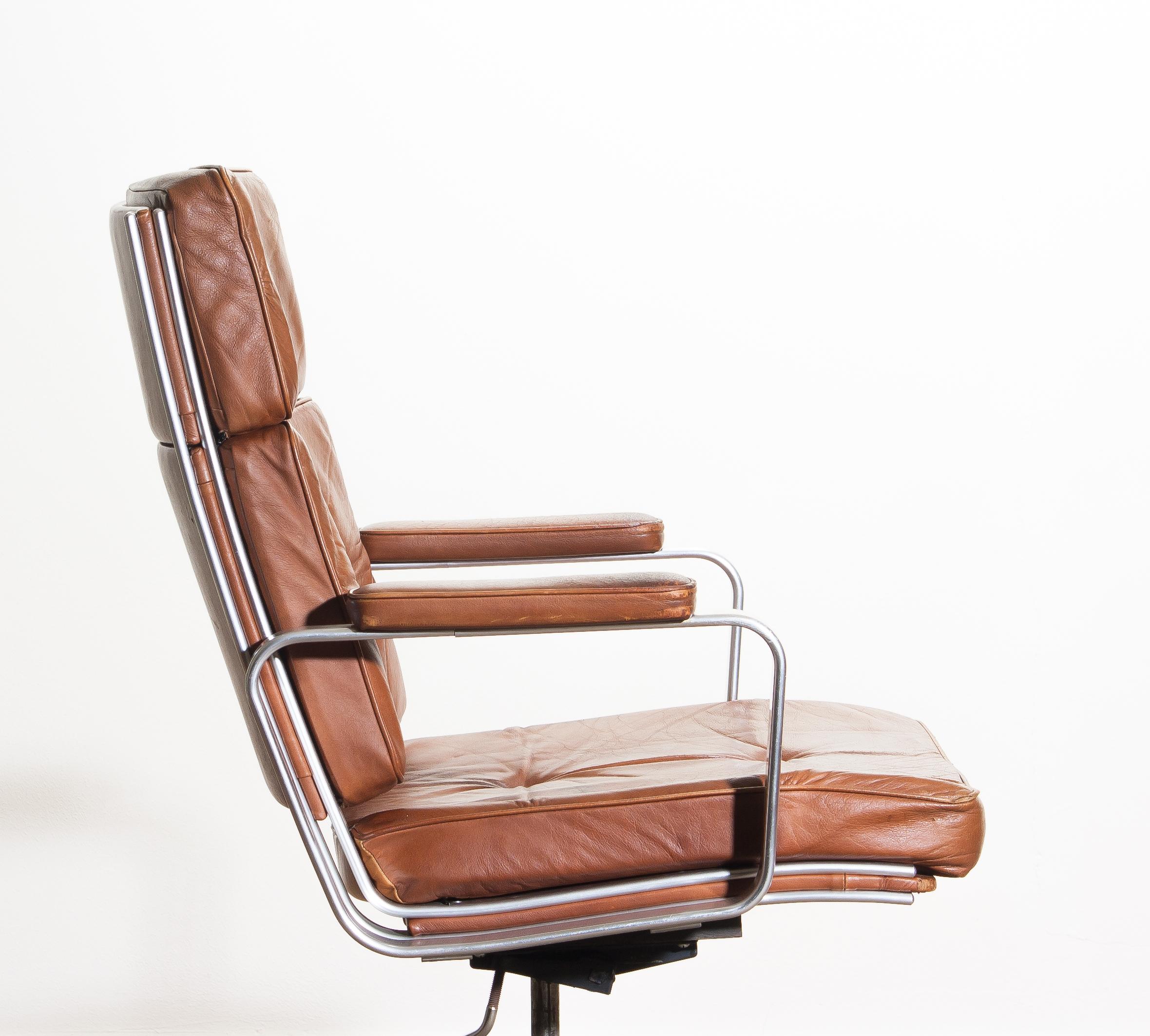 1970s, Brown Leather and Aluminum Desk Chair by Karl Erik Ekselius for Joc 4